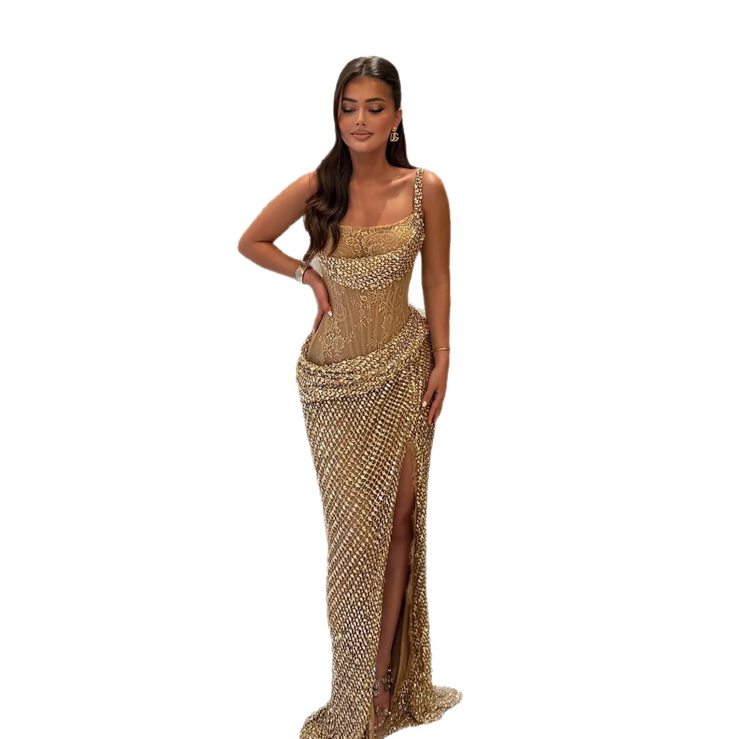 Luxury Gold Crystal Beaded Lace Mermaid Slit Dress LA73749 SERENE HILL