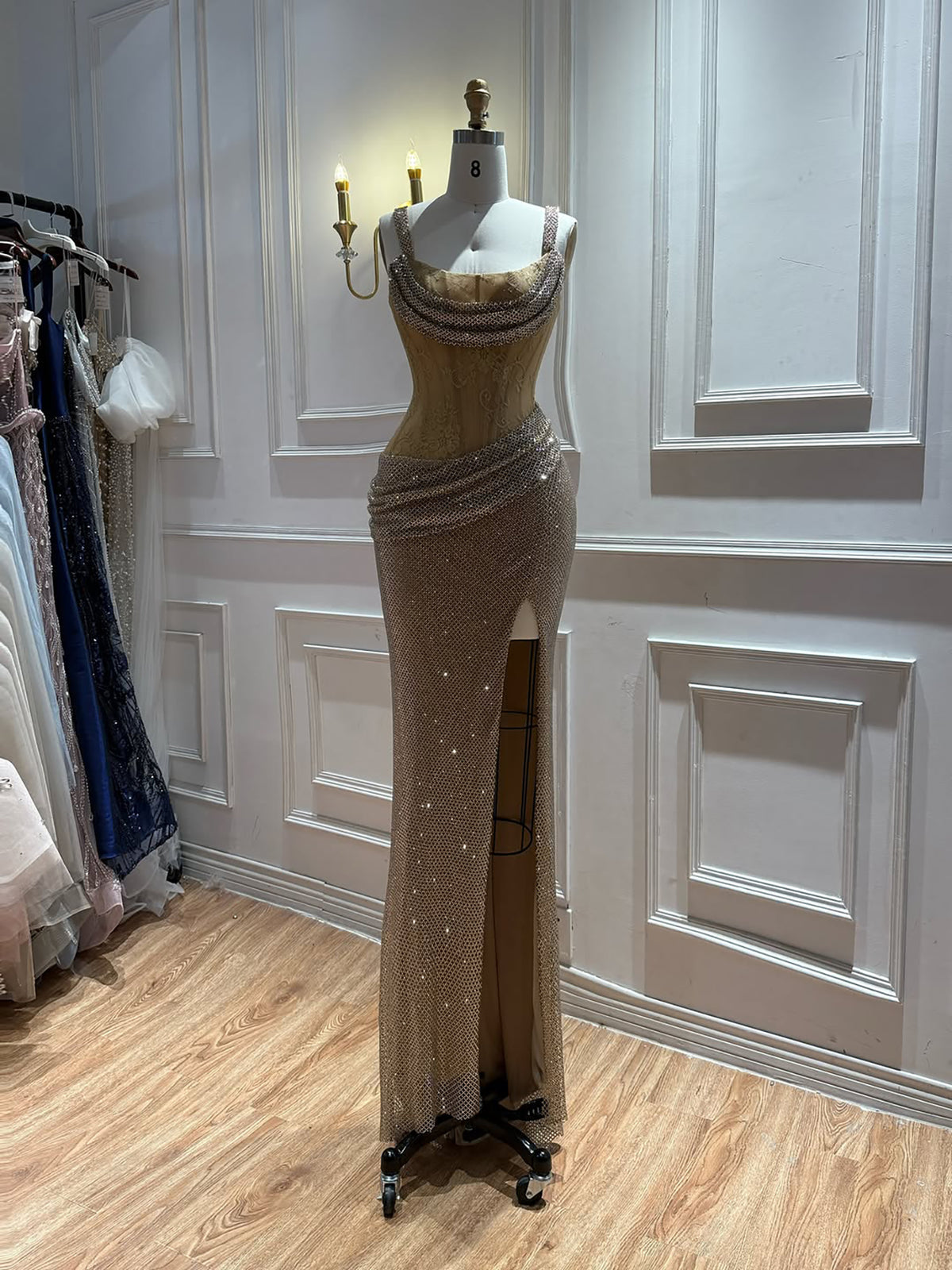 Luxury Gold Crystal Beaded Lace Mermaid Slit Dress LA73749