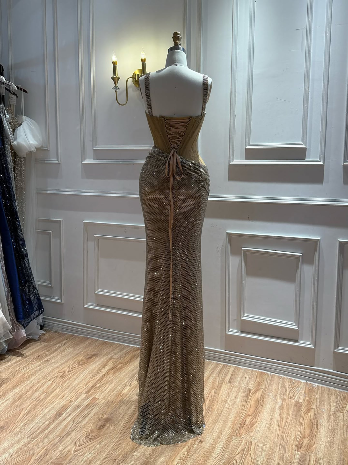 Luxury Gold Crystal Beaded Lace Mermaid Slit Dress LA73749