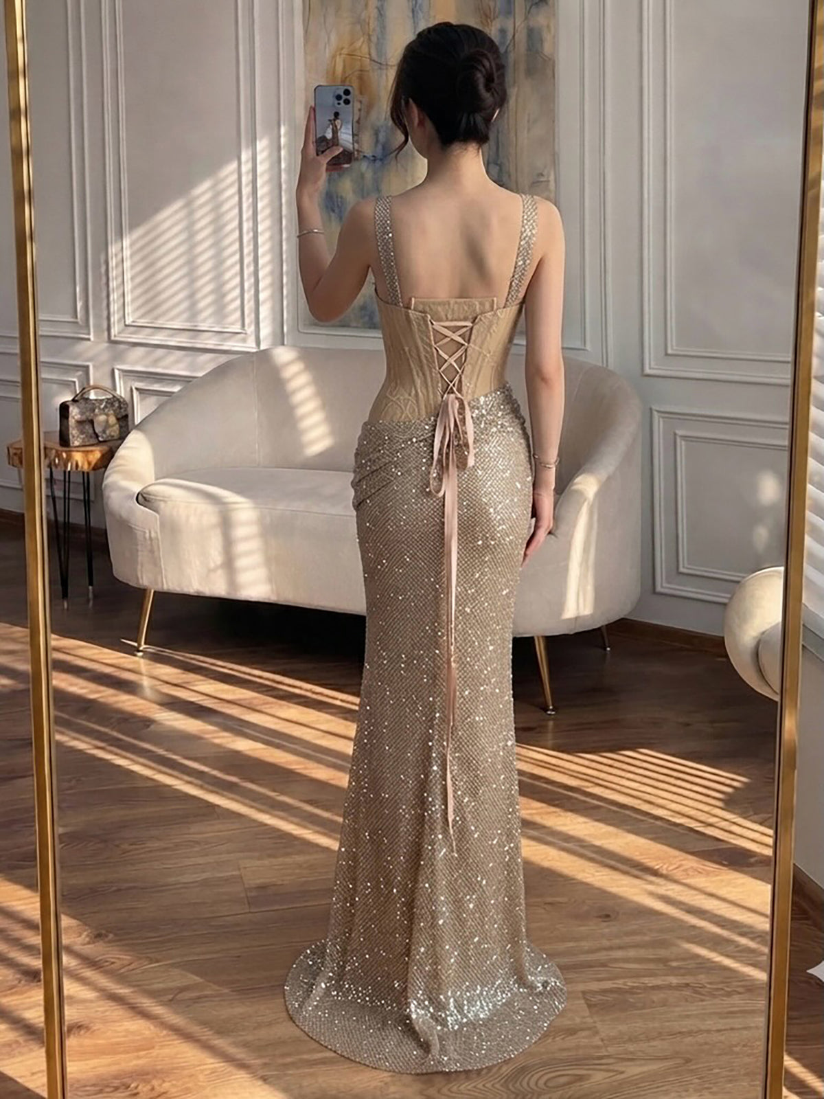 Luxury Gold Crystal Beaded Lace Mermaid Slit Dress LA73749