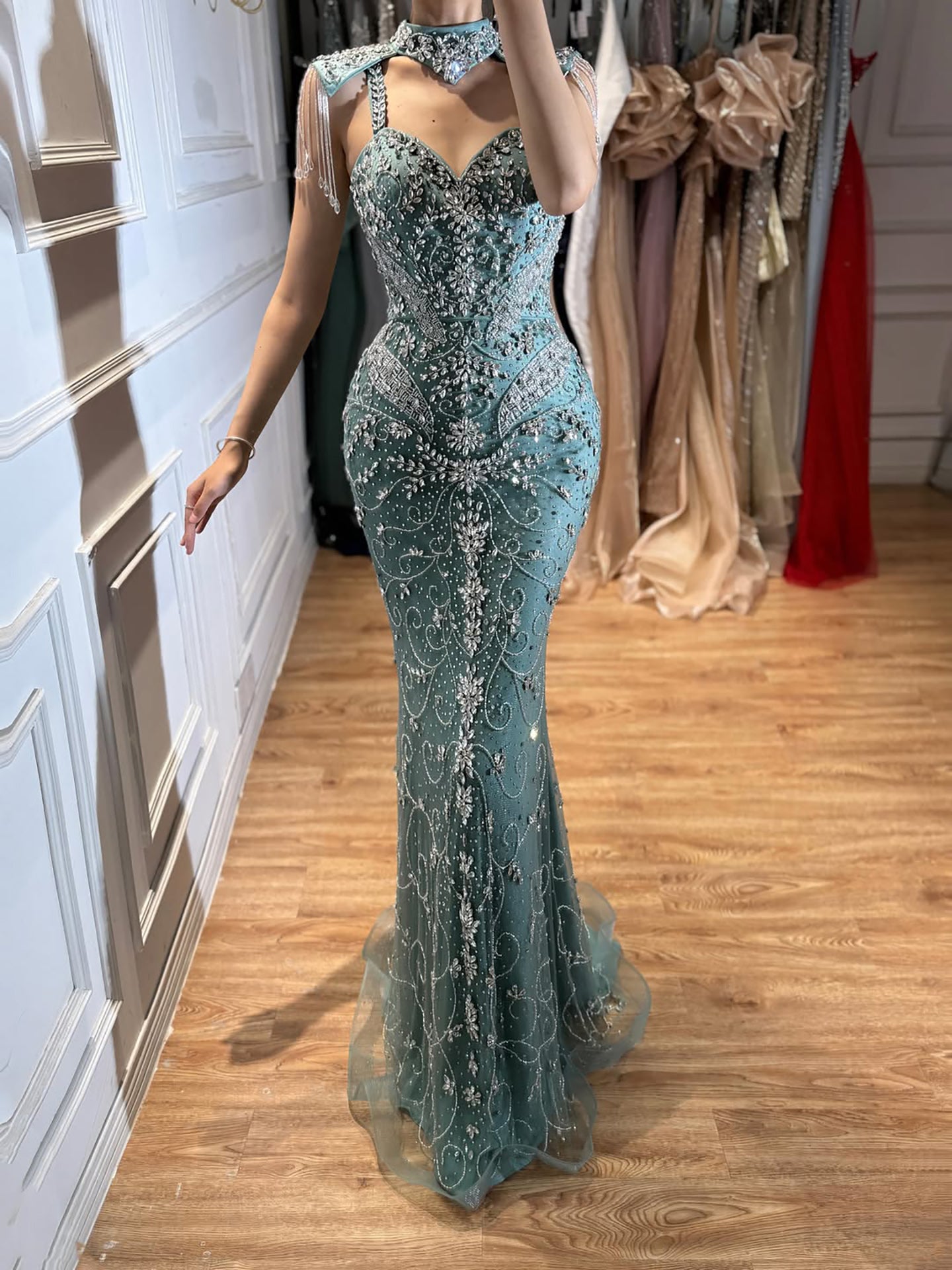 Luxury Nude Crystal Beaded Tassel Mermaid Evening Dress LA73751 SERENE HILL