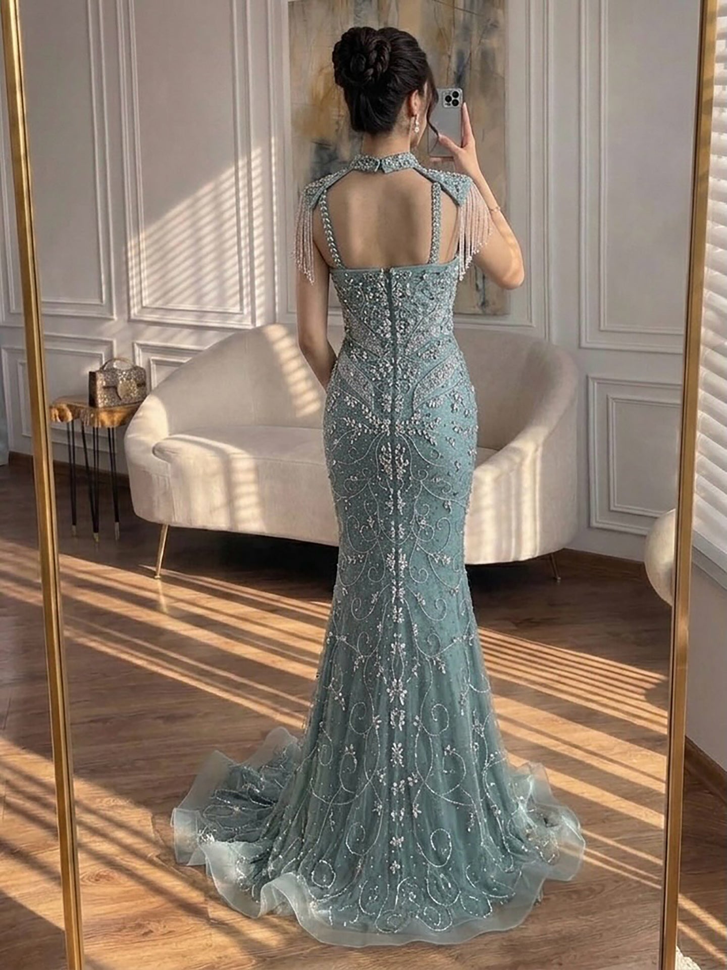 Luxury Nude Crystal Beaded Tassel Mermaid Evening Dress LA73751 SERENE HILL
