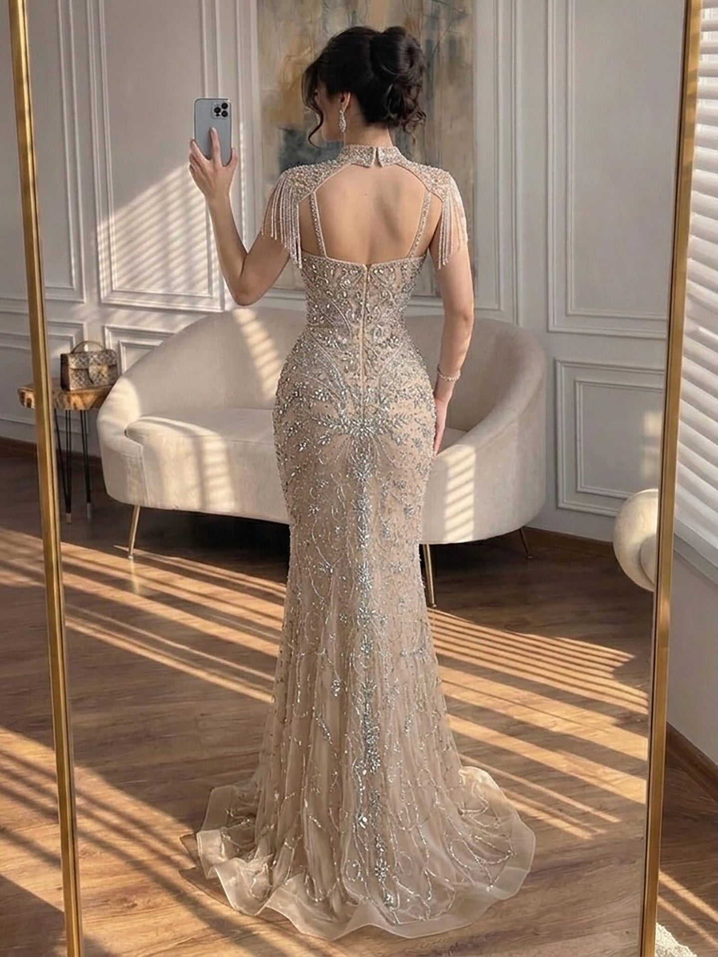 Luxury Nude Crystal Beaded Tassel Mermaid Evening Dress LA73751 SERENE HILL