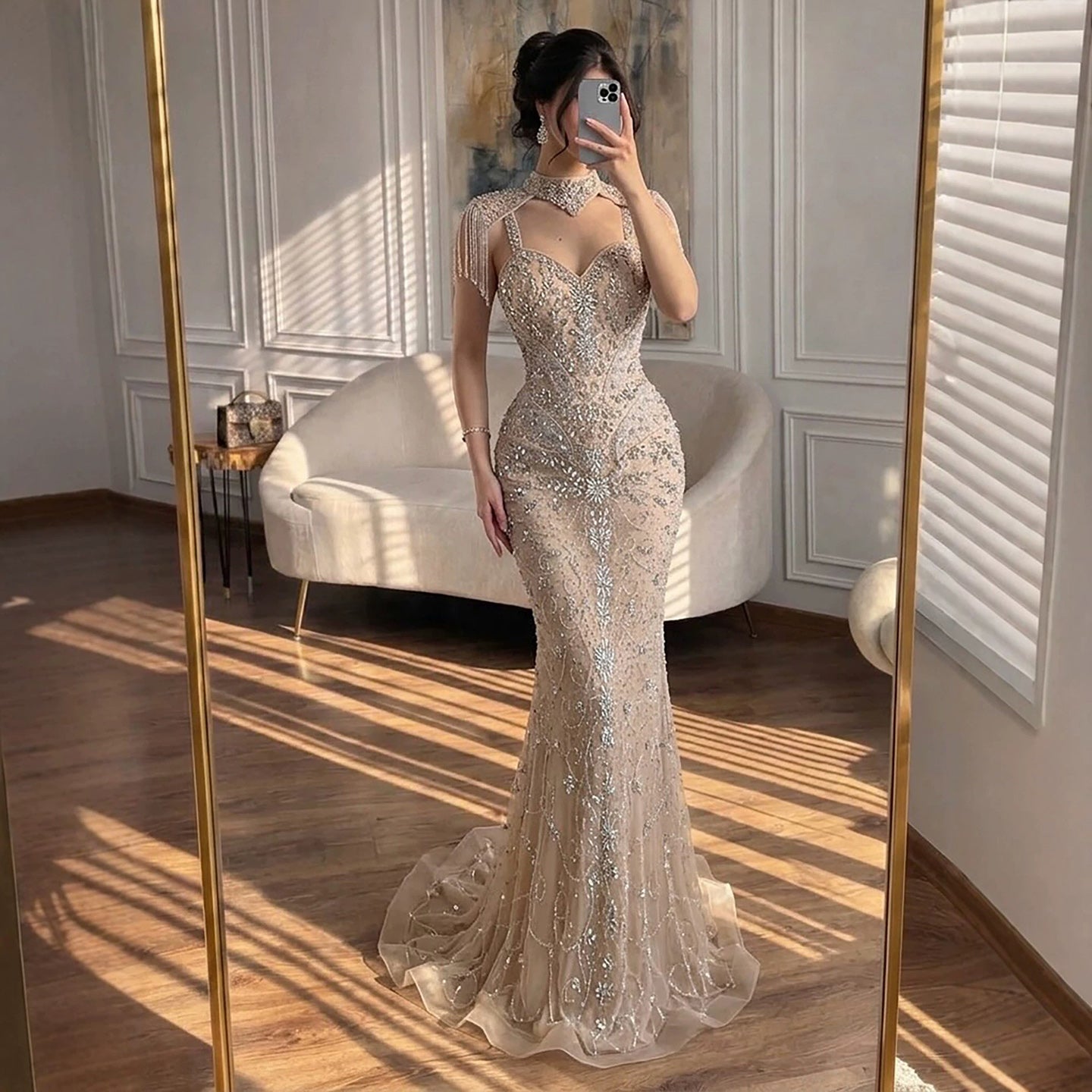 Luxury Nude Crystal Beaded Tassel Mermaid Evening Dress LA73751 SERENE HILL