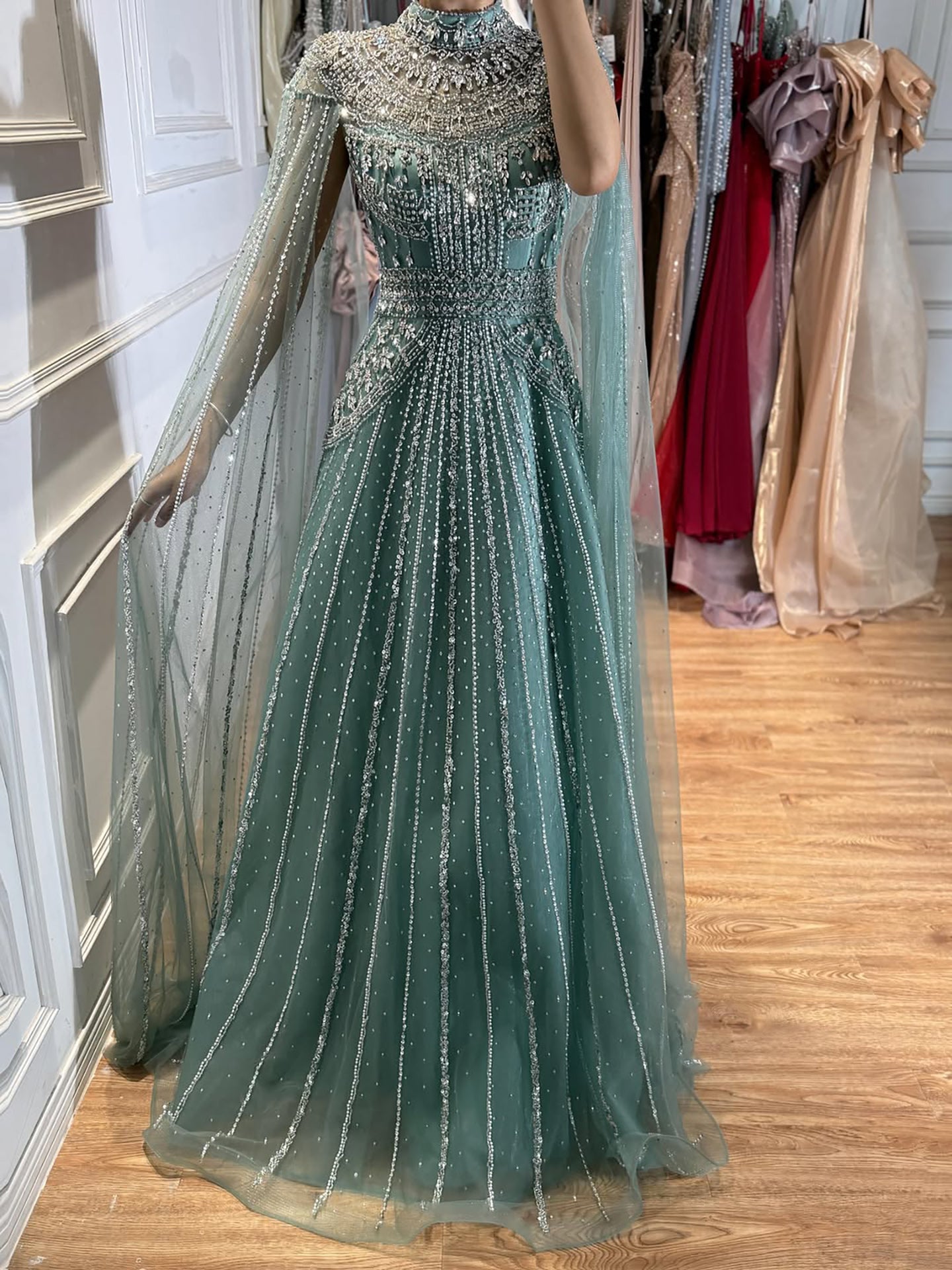 Luxury Caramel Crystal Beaded Cape Sleeves A-Line Dress LA73756 SERENE HILL