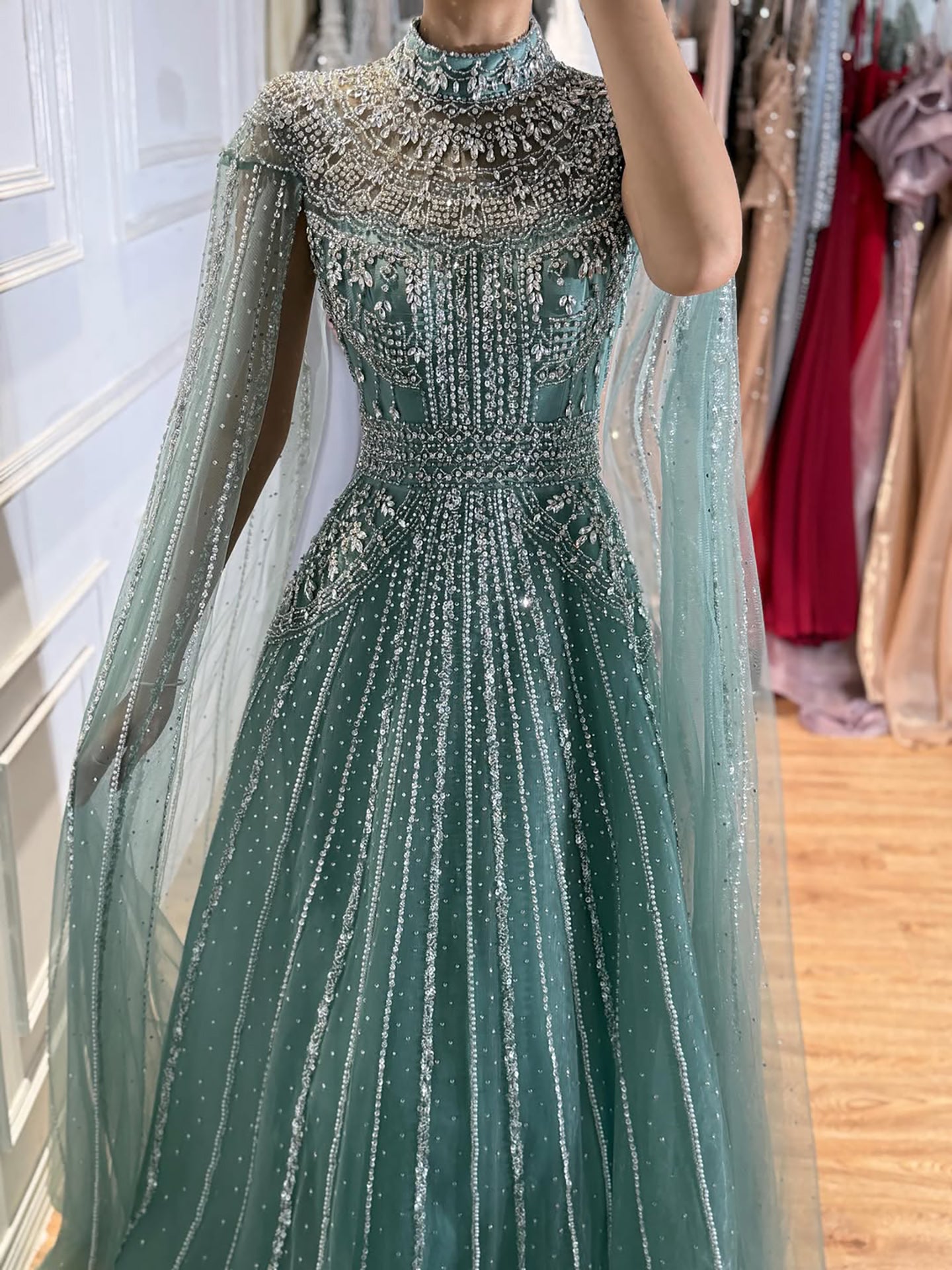 Luxury Caramel Crystal Beaded Cape Sleeves A-Line Dress LA73756 SERENE HILL