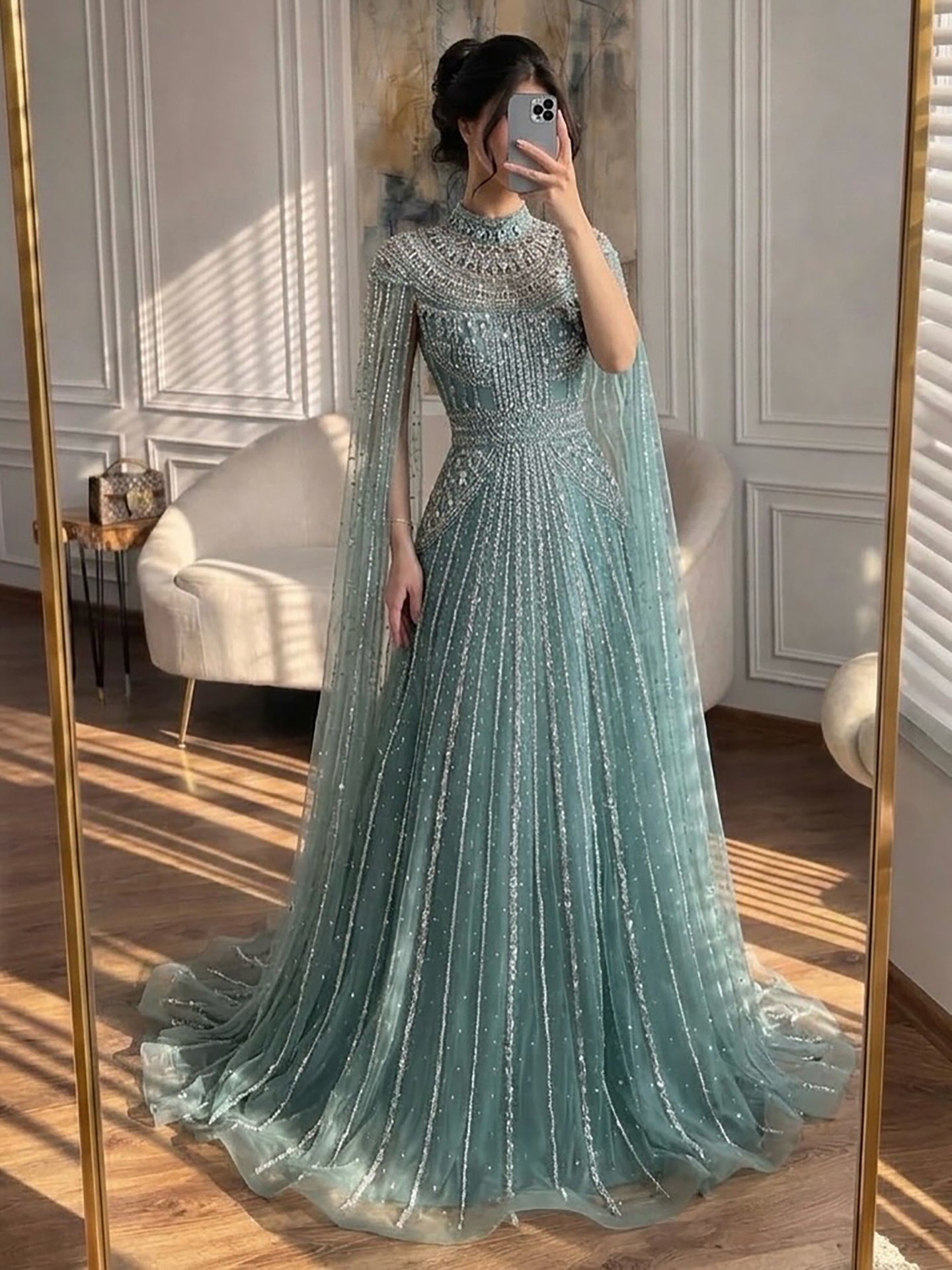 Luxury Caramel Crystal Beaded Cape Sleeves A-Line Dress LA73756 SERENE HILL