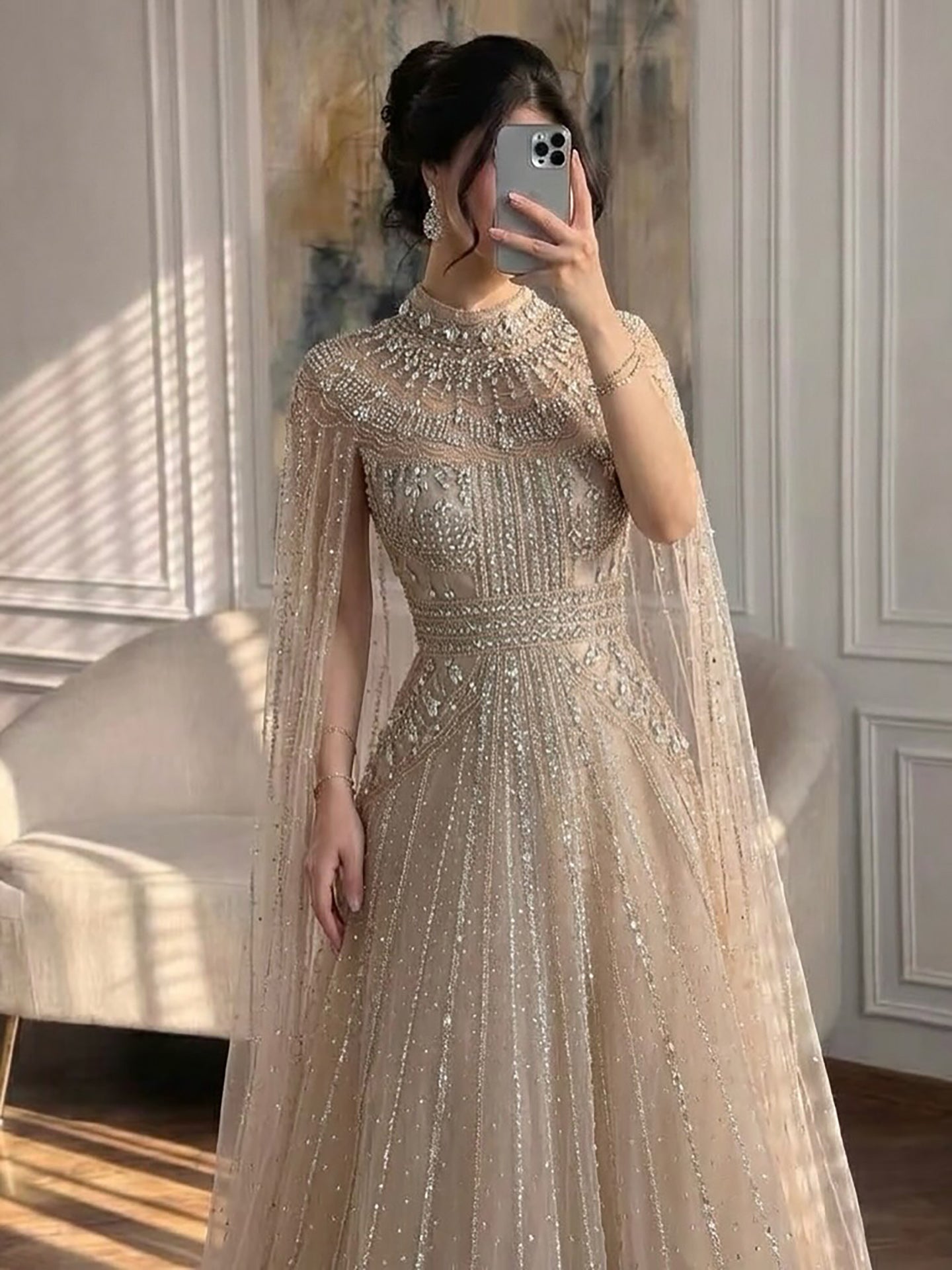 Luxury Caramel Crystal Beaded Cape Sleeves A-Line Dress LA73756 SERENE HILL