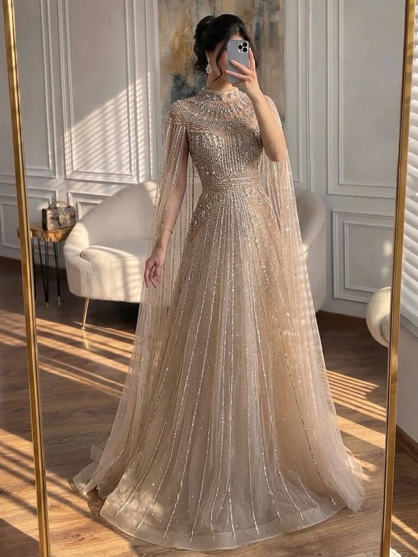 Luxury Caramel Crystal Beaded Cape Sleeves A-Line Dress LA73756 SERENE HILL