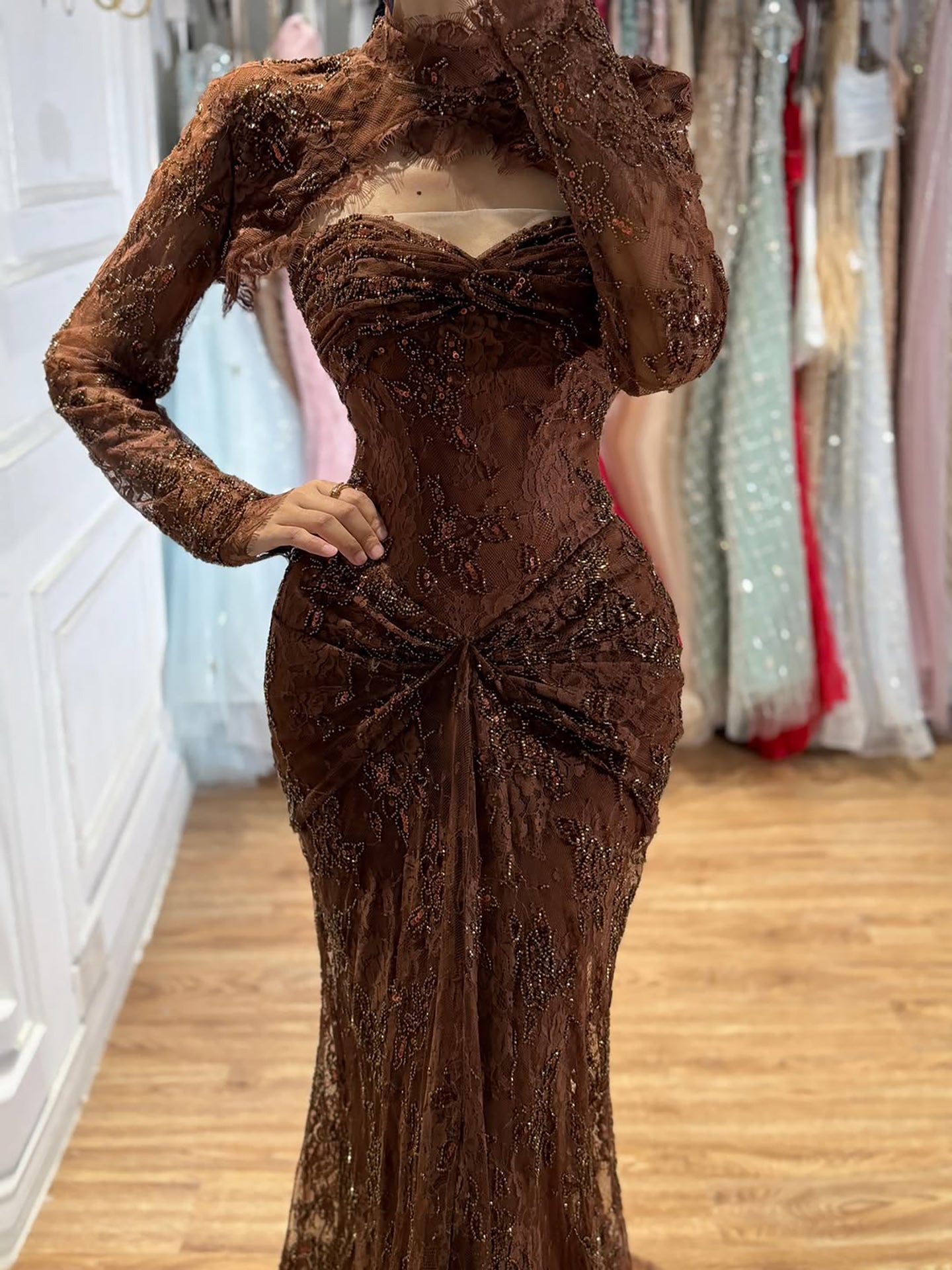Luxury Pink Lace Long Sleeve High Neck Mermaid Evening Dress LA73757 SERENE HILL