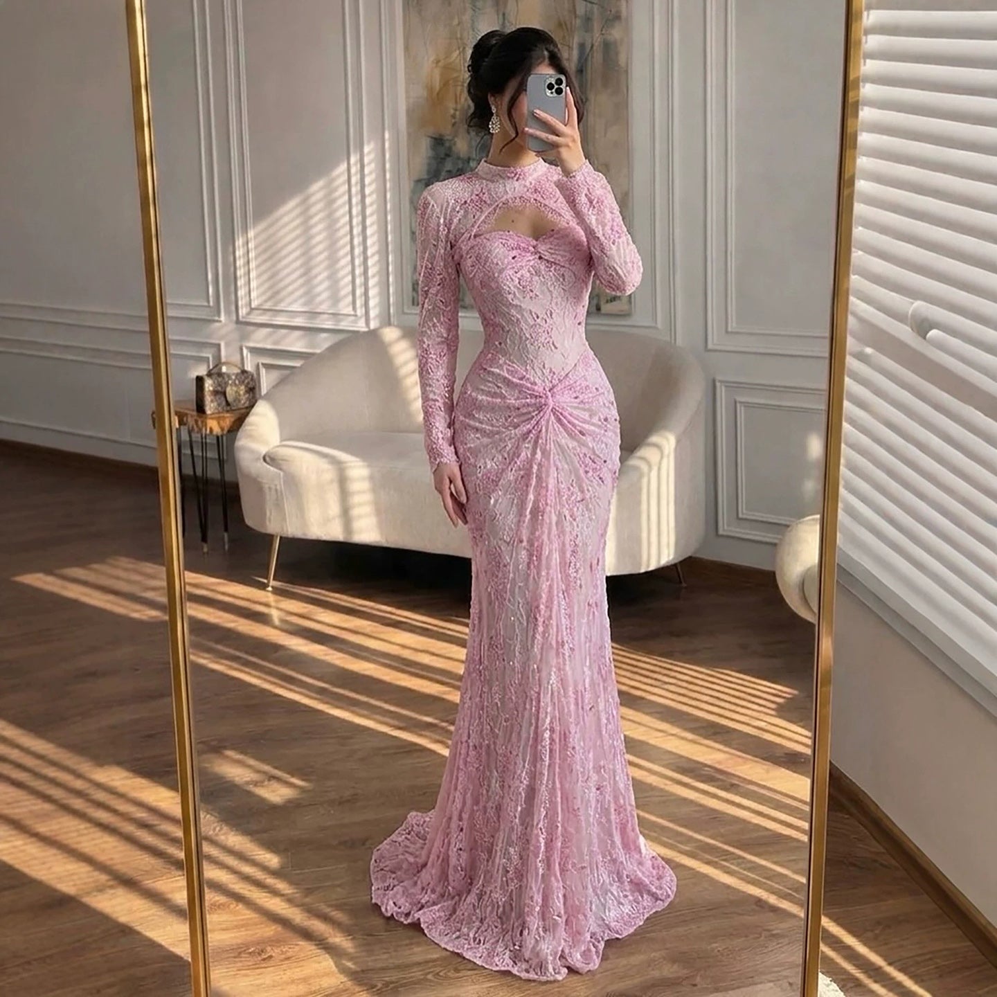 Luxury Pink Lace Long Sleeve High Neck Mermaid Evening Dress LA73757 Pink / 2