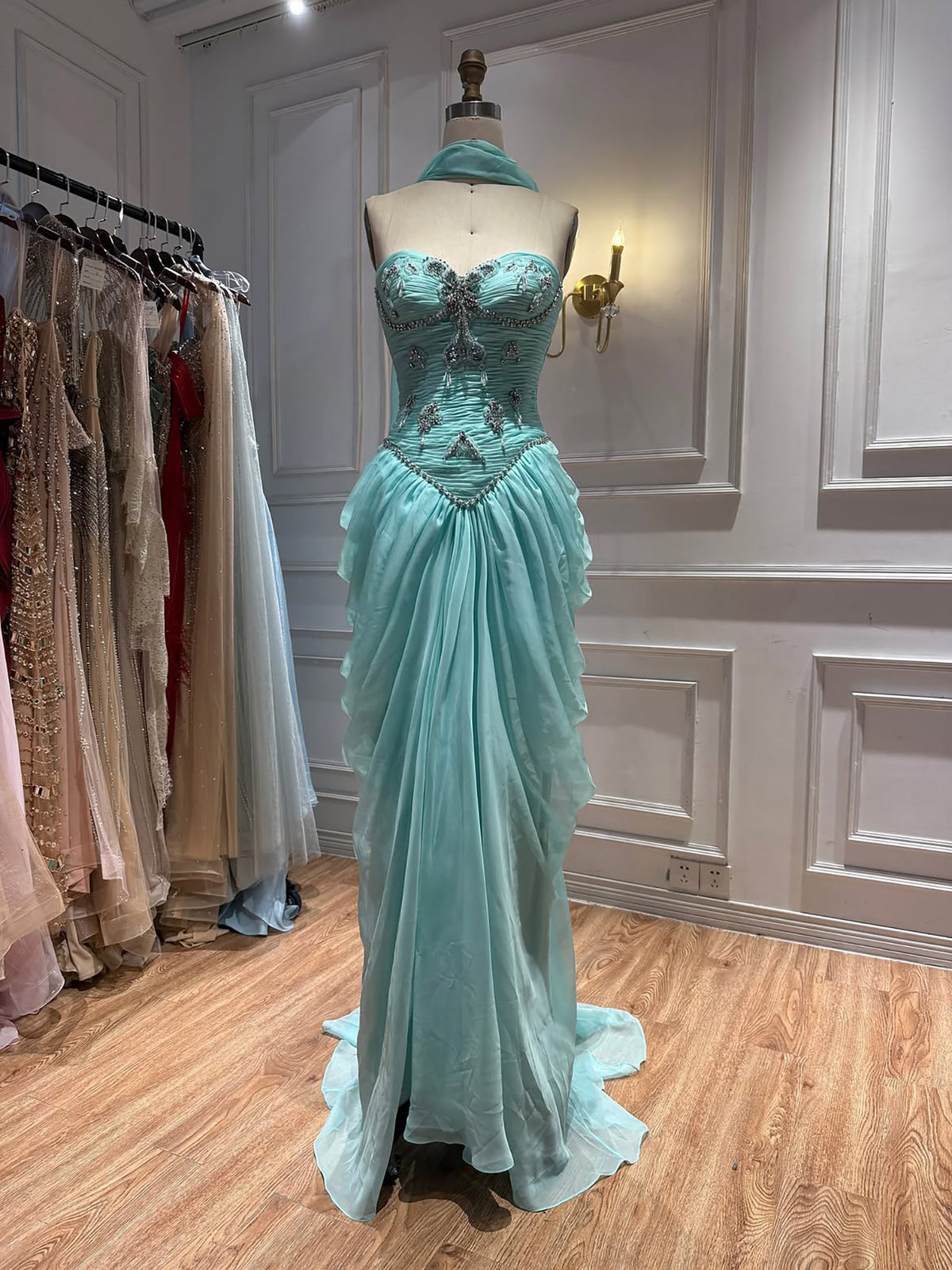 Luxury Sage Green Crystal Beaded Strapless Evening Dress LA73763