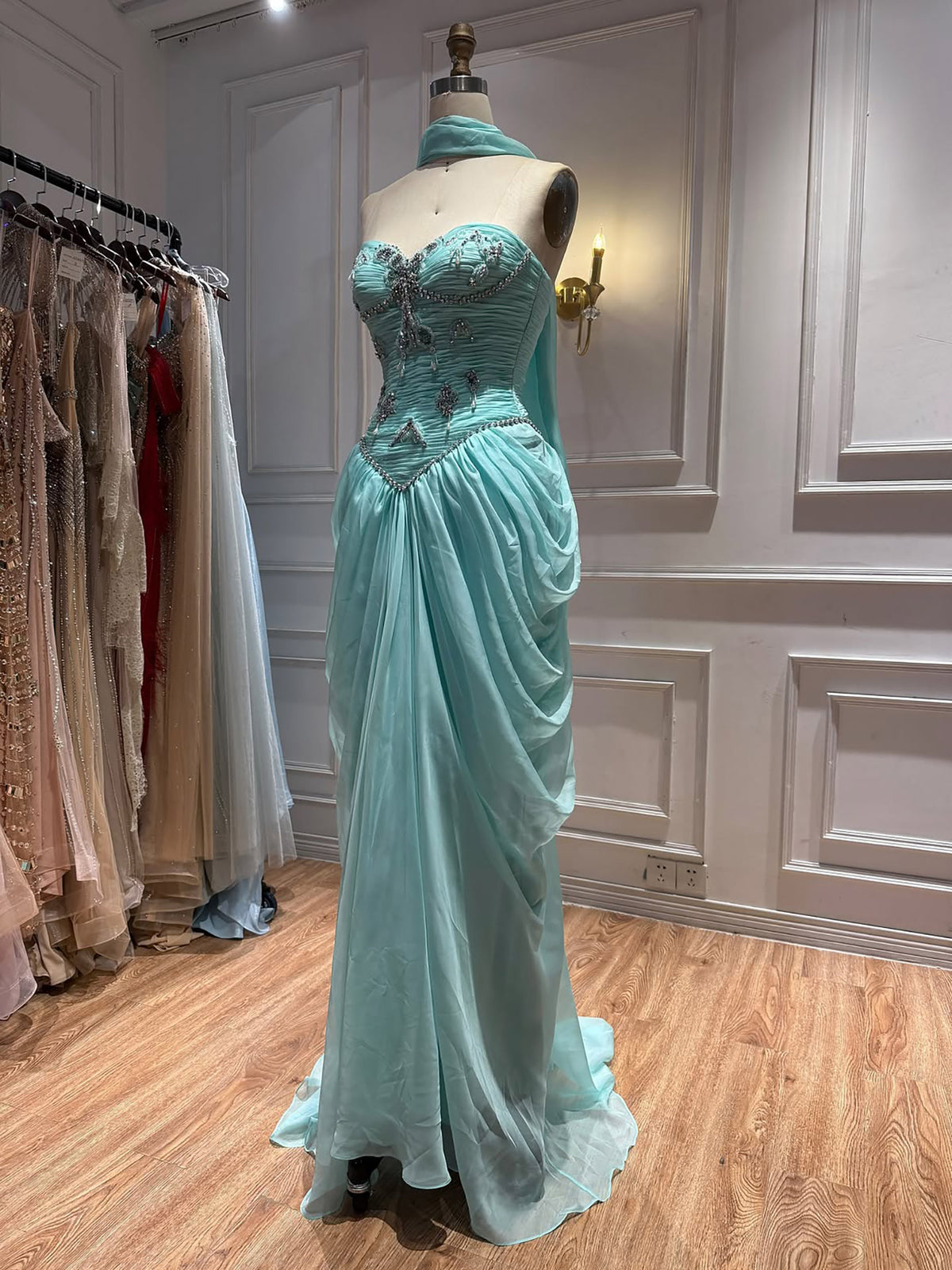 Luxury Sage Green Crystal Beaded Strapless Evening Dress LA73763