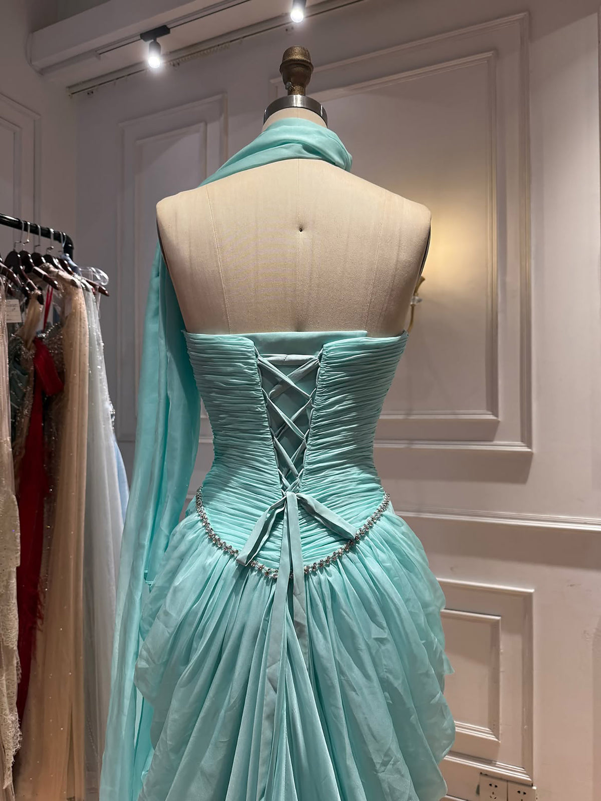 Luxury Sage Green Crystal Beaded Strapless Evening Dress LA73763