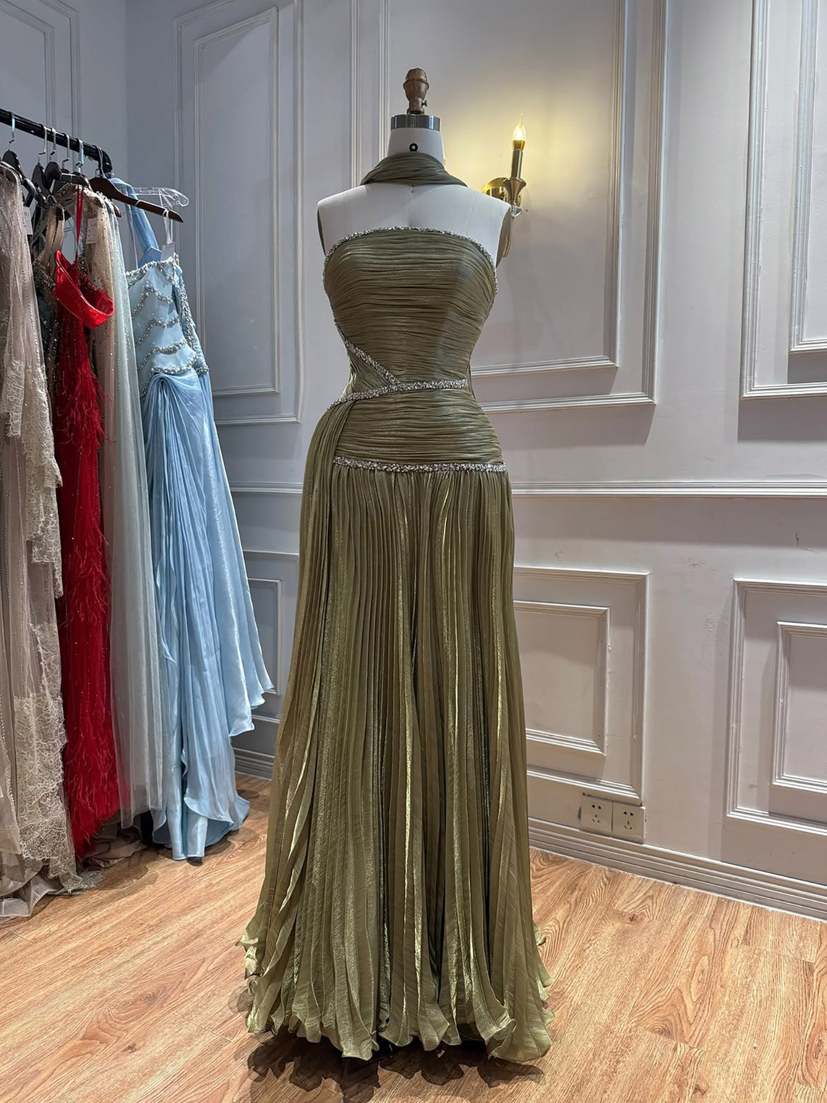 Luxury Sage Green Crystal One Shoulder Pleated Evening Dress LA73764