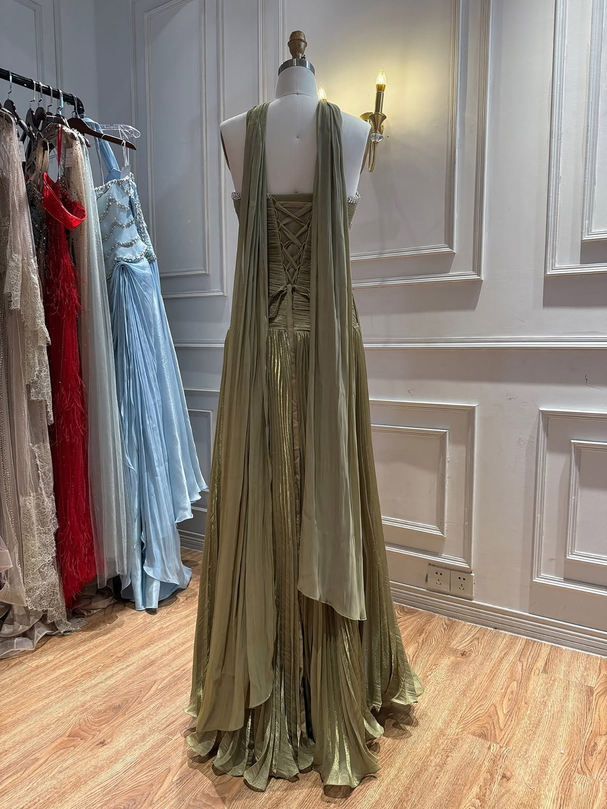 Luxury Sage Green Crystal One Shoulder Pleated Evening Dress LA73764