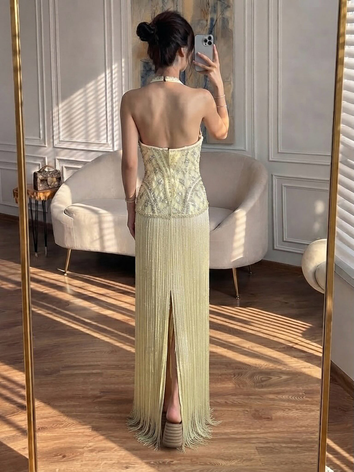 Luxury Butter Yellow Halter Fringe Evening Dress LA73765 SERENE HILL
