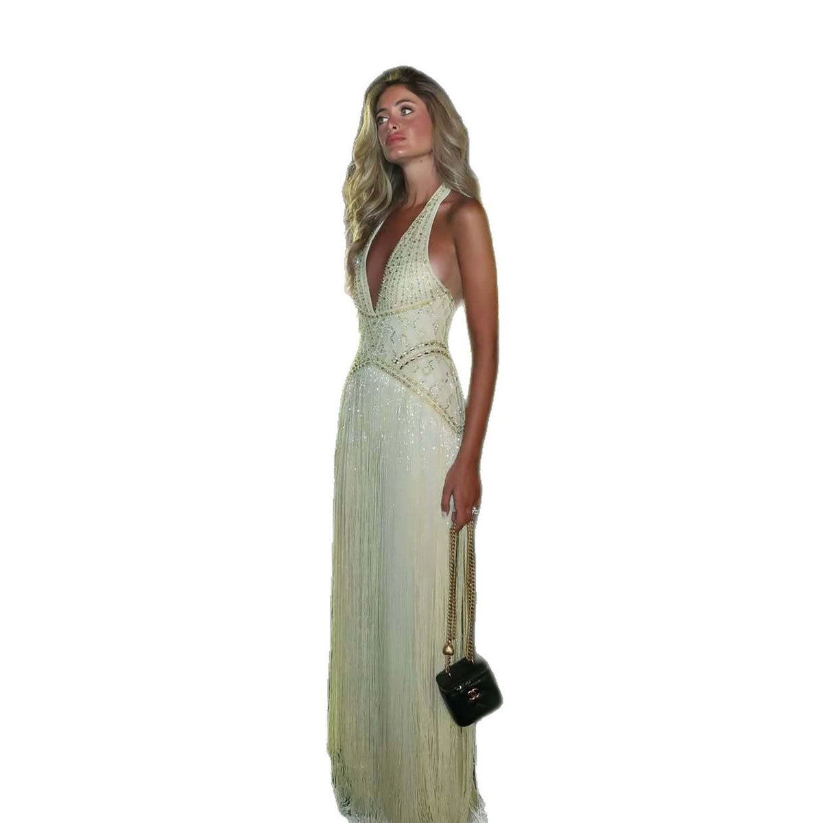 Luxury Butter Yellow Halter Fringe Evening Dress LA73765 SERENE HILL