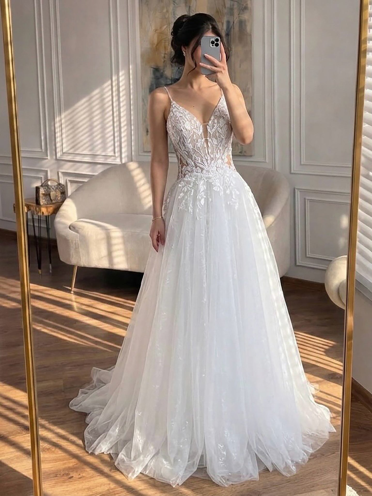 Luxury White Spaghetti Strap Floral Lace A-Line Dress LA73767 SERENE HILL