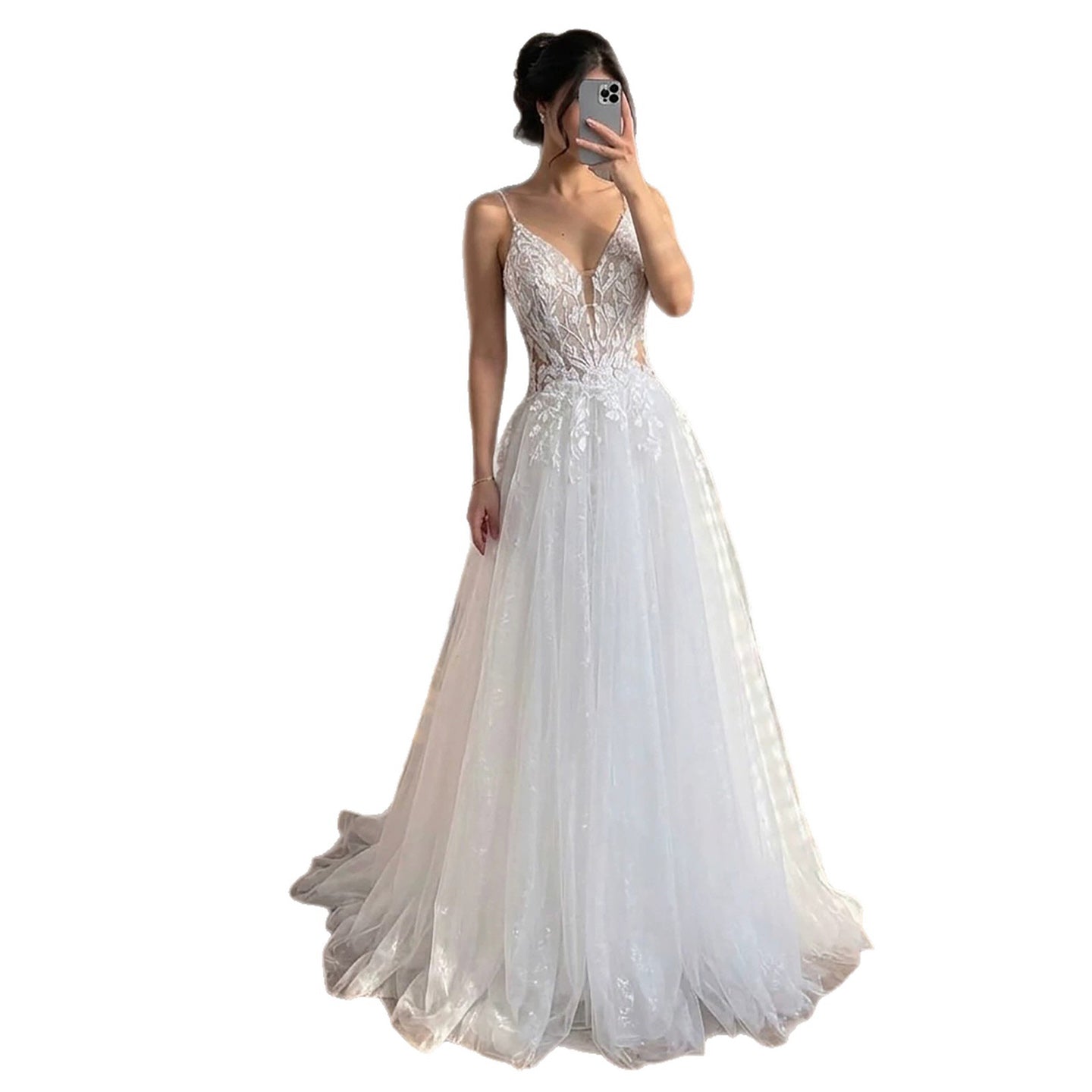 Luxury White Spaghetti Strap Floral Lace A-Line Dress LA73767 SERENE HILL