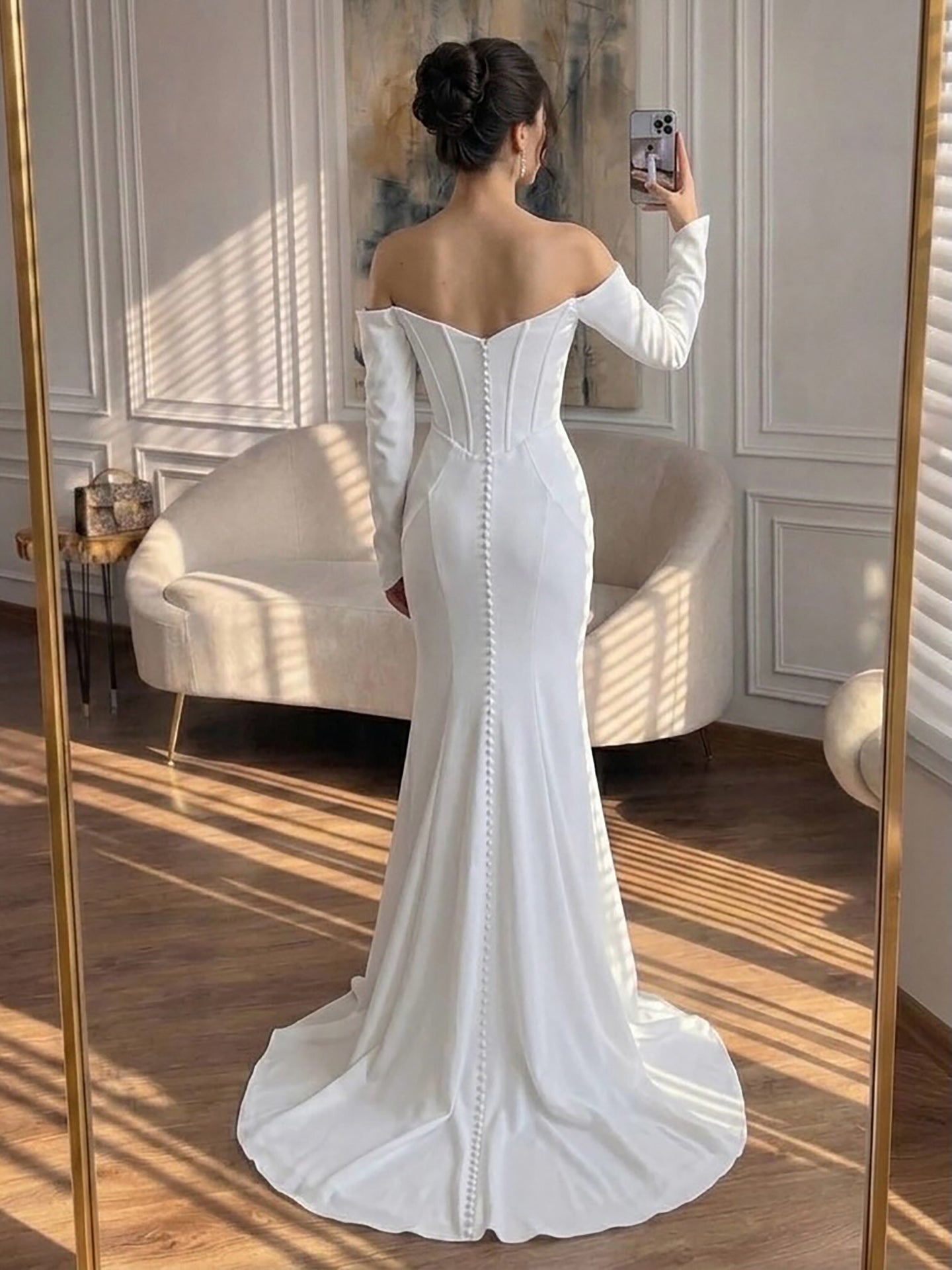 Luxury White Off Shoulder Sweetheart Long Sleeve Mermaid Dress LA73768 SERENE HILL