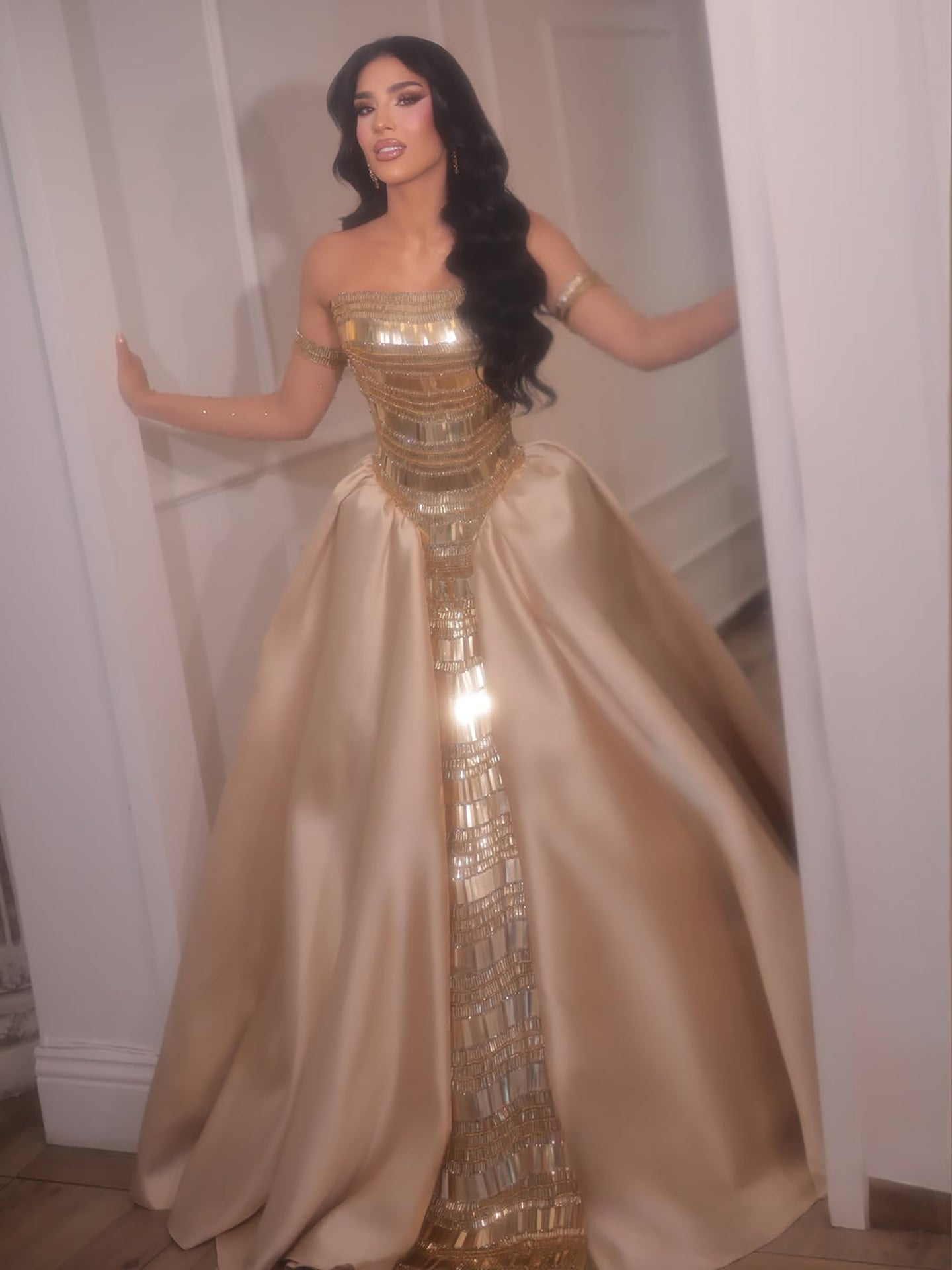 Luxury Gold Strapless Ball Gown Dress With Beaded Gloves LA73770 SERENE HILL