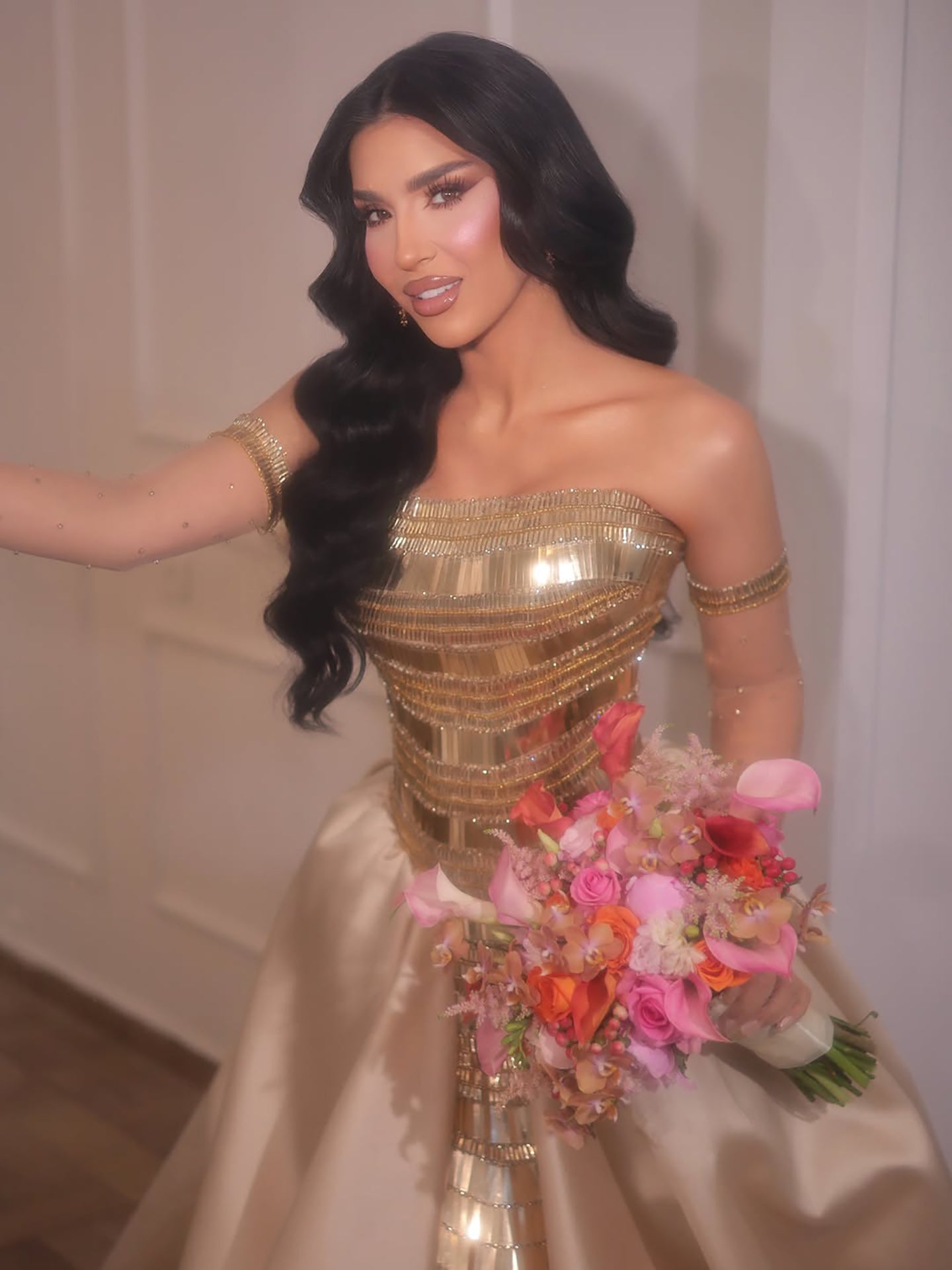 Luxury Gold Strapless Ball Gown Dress With Beaded Gloves LA73770 SERENE HILL