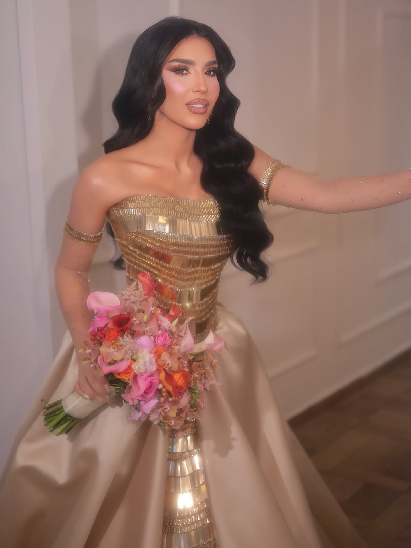 Luxury Gold Strapless Ball Gown Dress With Beaded Gloves LA73770 SERENE HILL