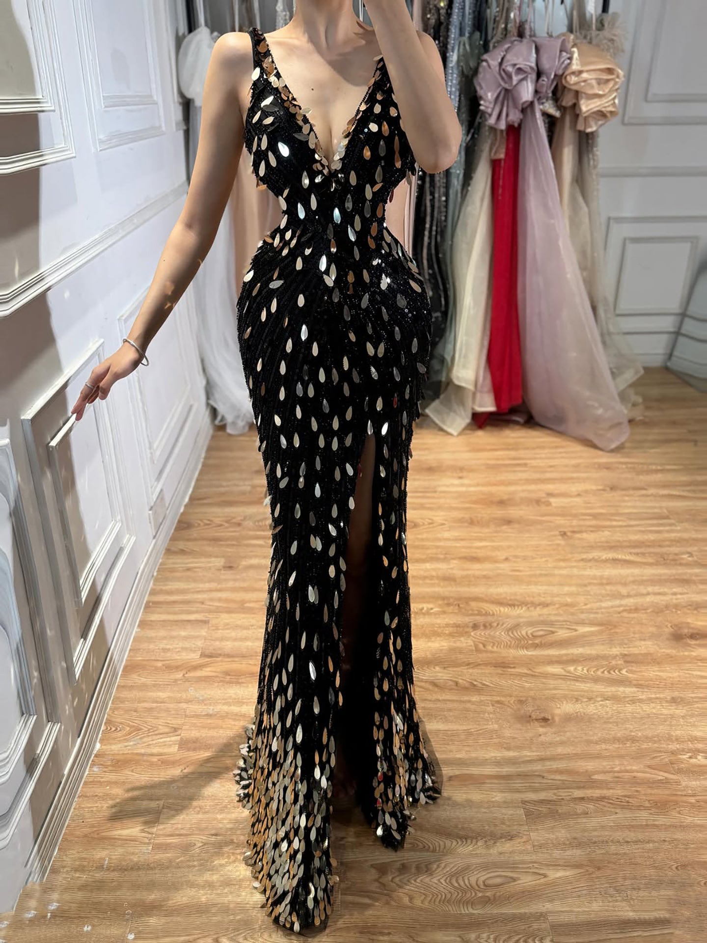 Luxury Blue V Neck Cutout Beaded Mermaid Evening Dress LA73773 SERENE HILL