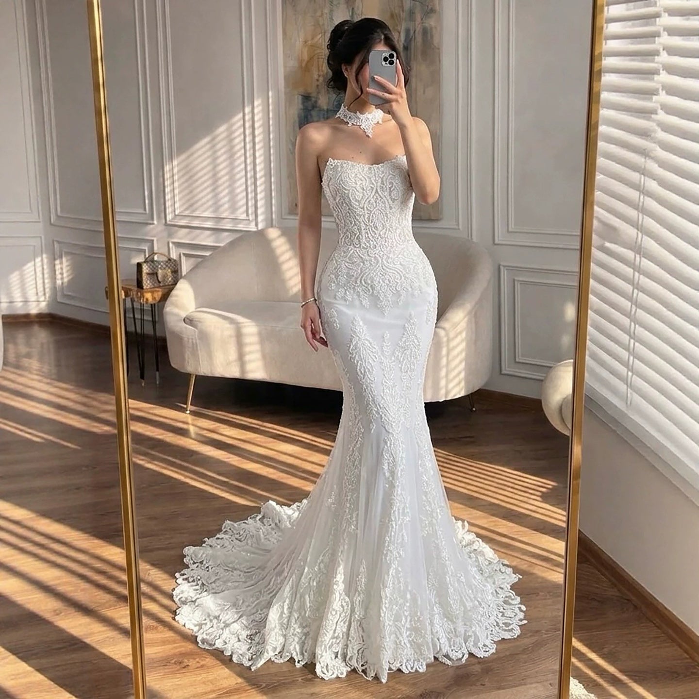 Luxury White Beaded Lace Strapless Mermaid Wedding Dress LA73778 SERENE HILL