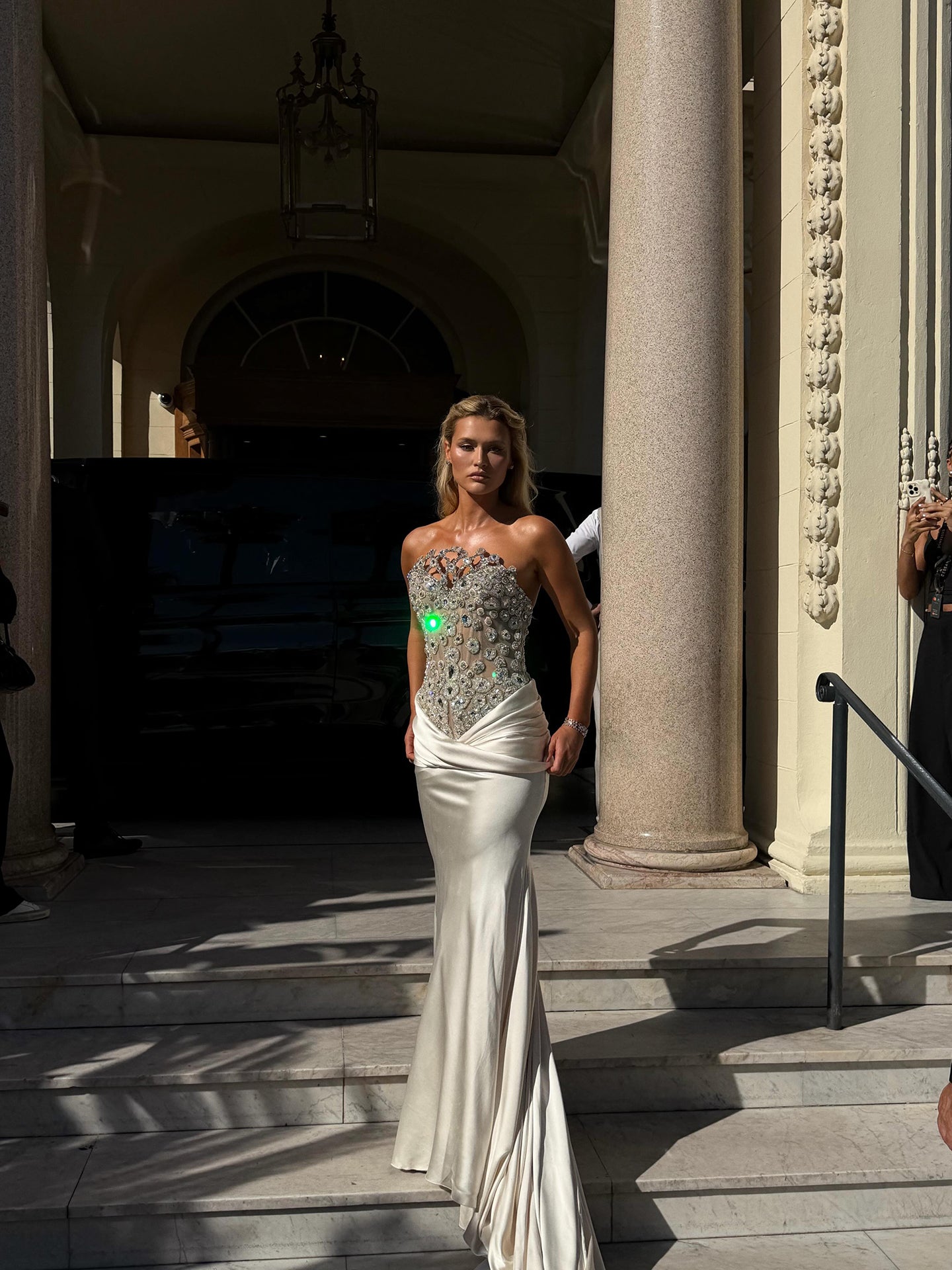 Luxury Champagne Strapless Crystal Satin Mermaid Evening Dress LA73782 SERENE HILL