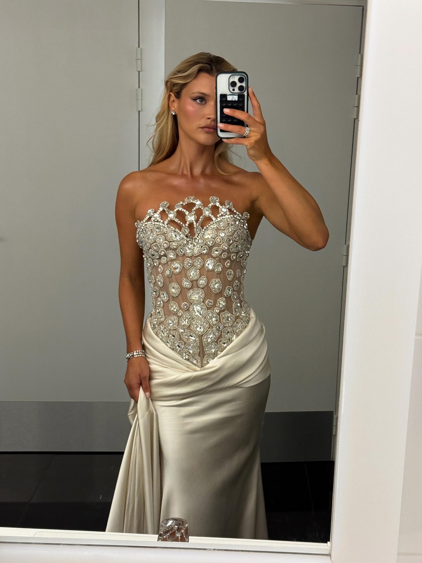 Luxury Champagne Strapless Crystal Satin Mermaid Evening Dress LA73782 SERENE HILL