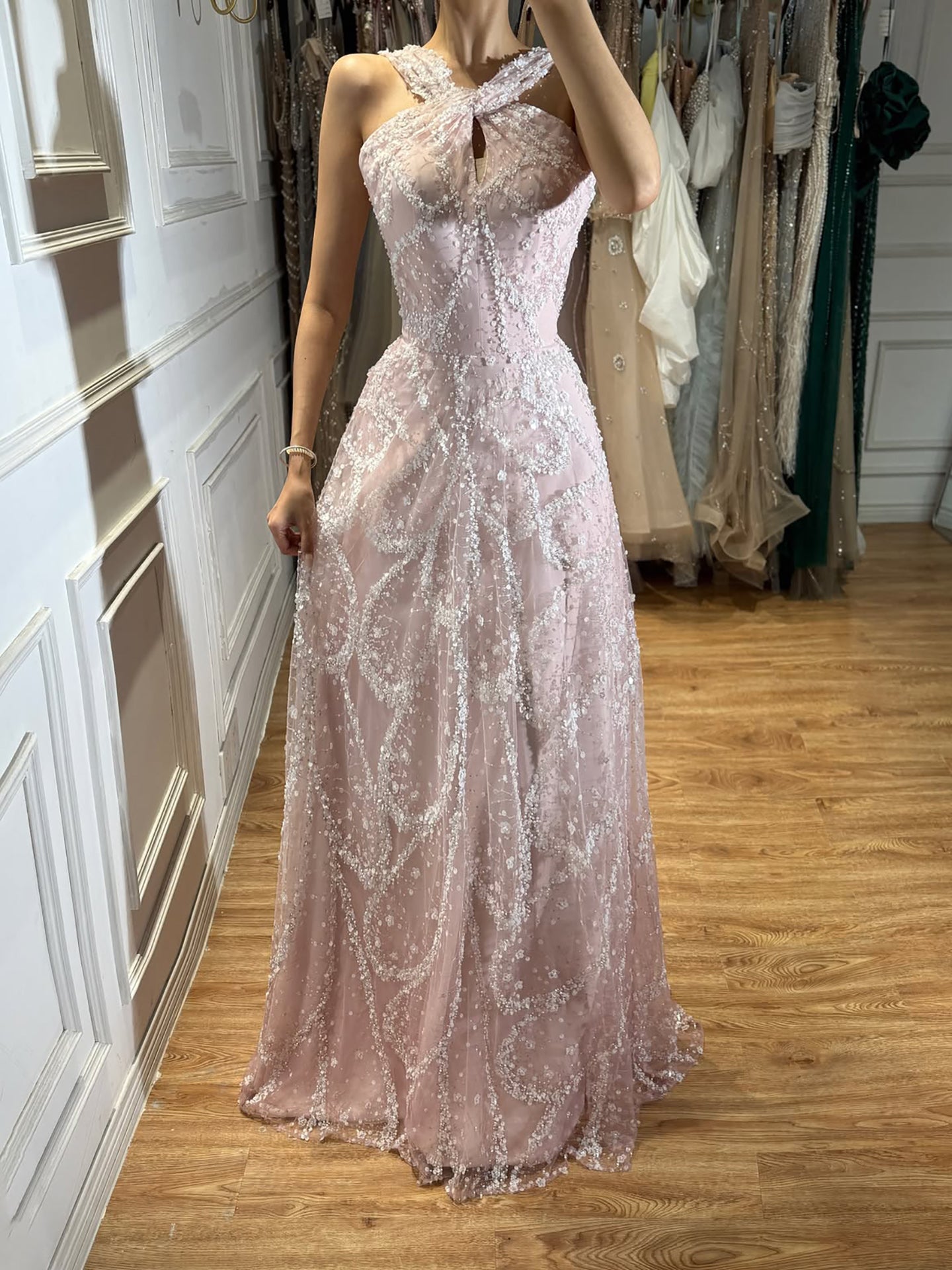 Luxury Pink Ombre Cross-Neck Beaded A-Line Gown LA73783 SERENE HILL