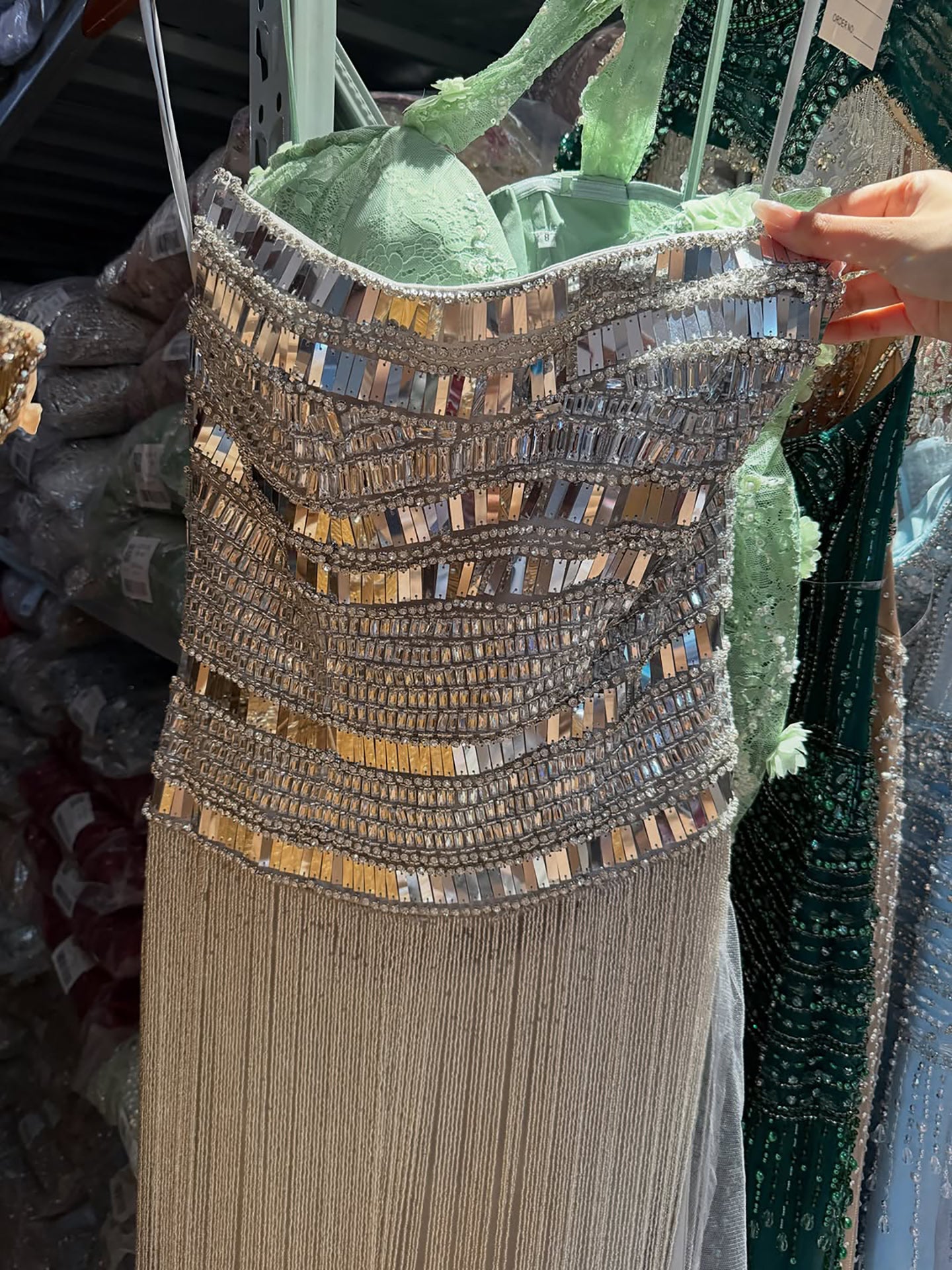 Luxury Gold Crystal Beaded Strapless Tassel Evening Dress LA73785 SERENE HILL