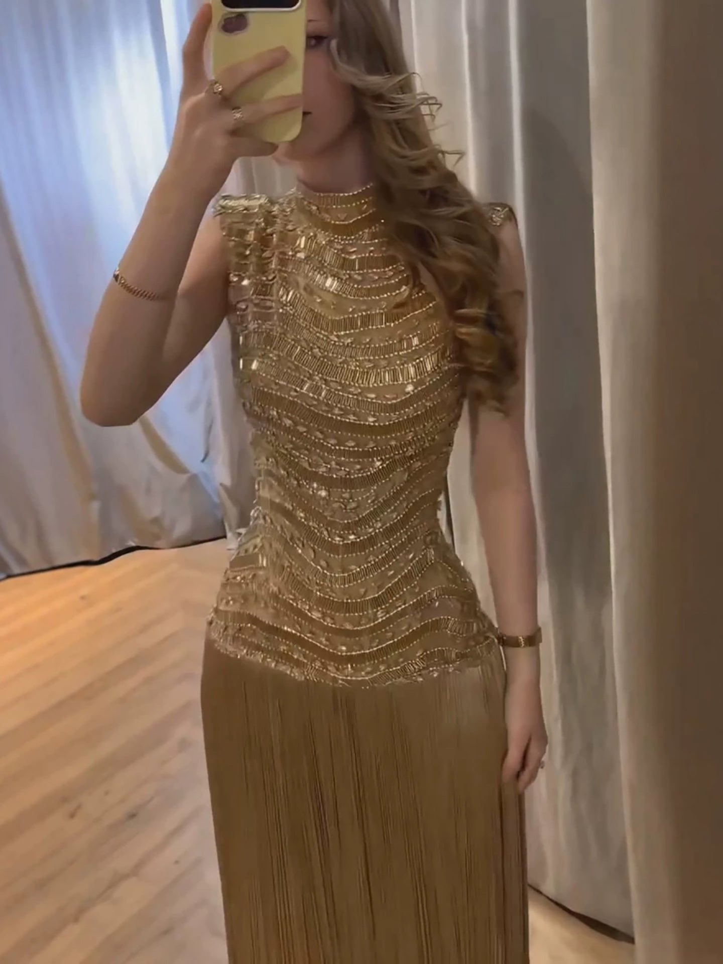 Luxury Gold High-Neck Beaded Gown with Heavy Tassels LA73787 SERENE HILL