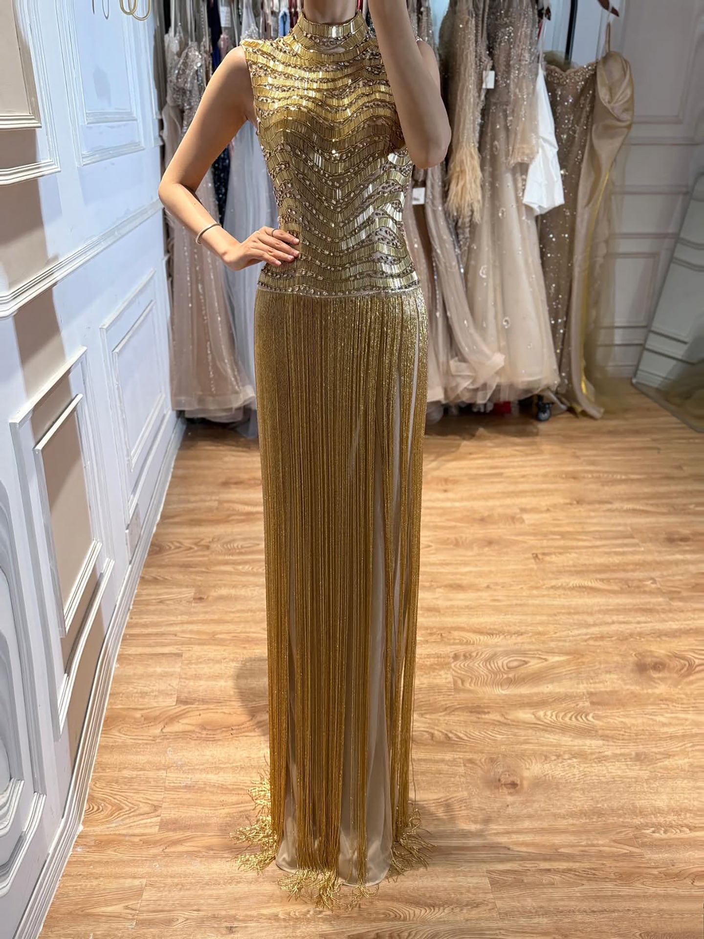 Luxury Gold High-Neck Beaded Gown with Heavy Tassels LA73787 SERENE HILL