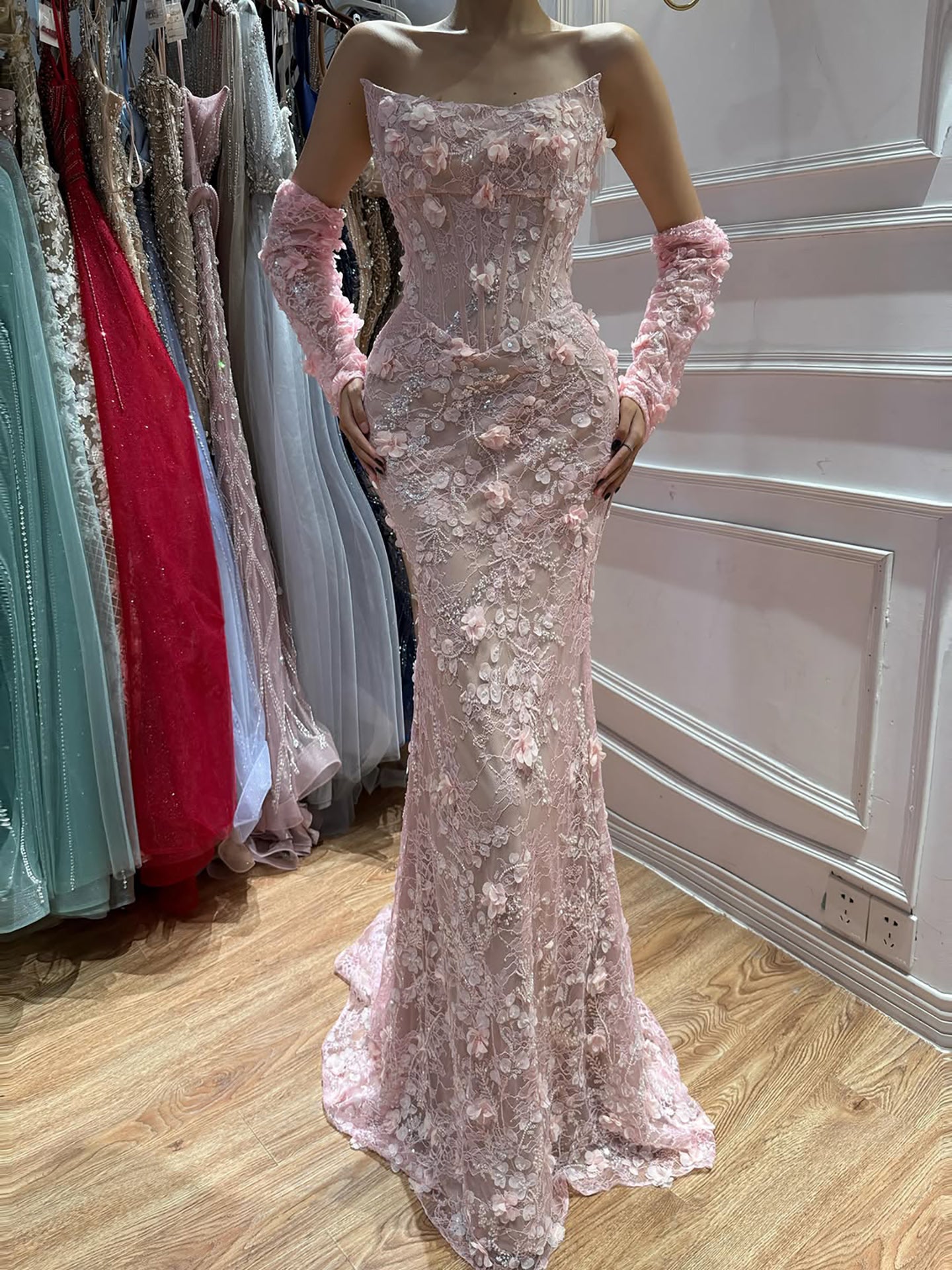 Luxury Pink Mermaid Off-Shoulder 3D Floral Lace Dress LA73788 SERENE HILL