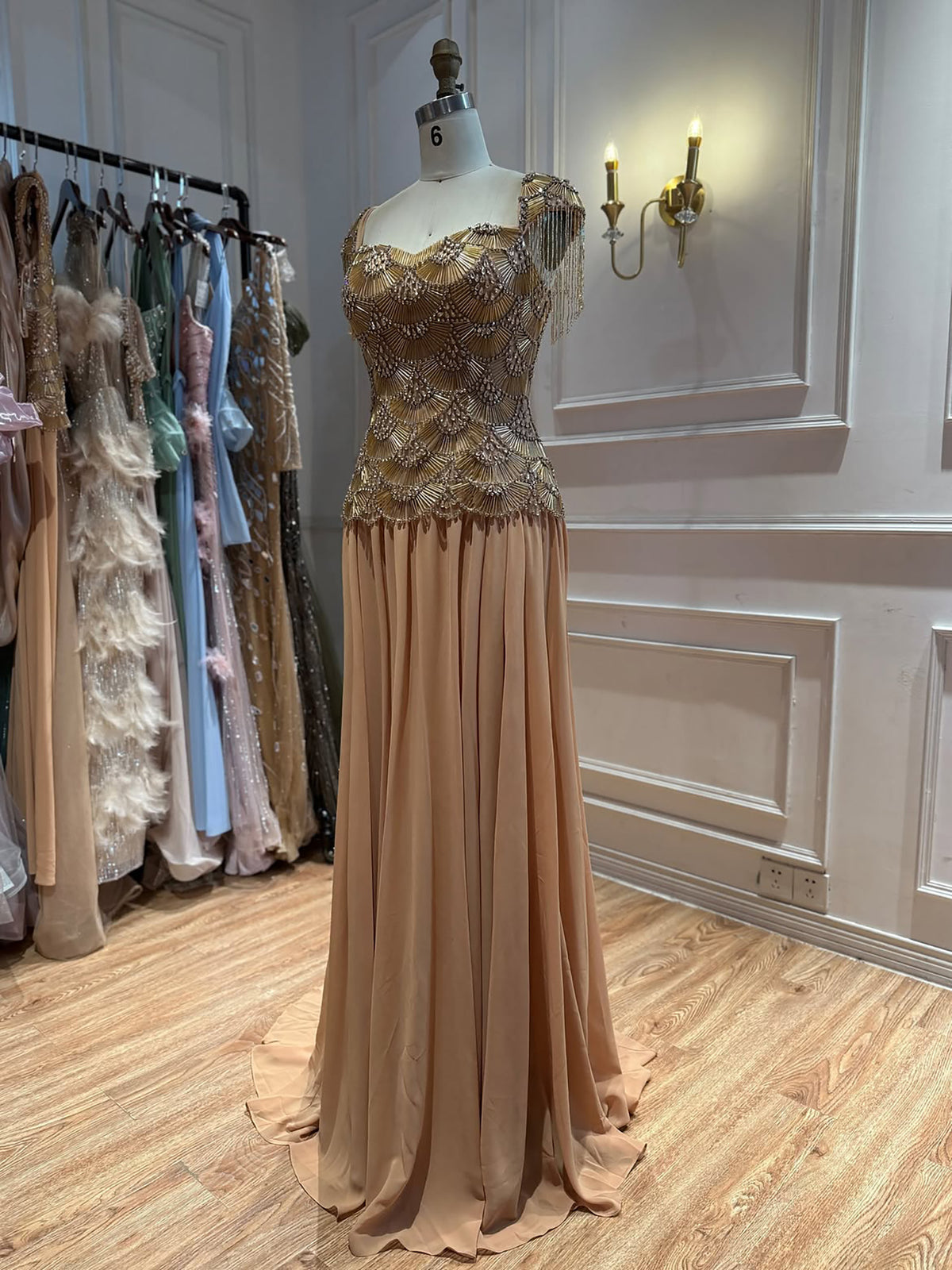 Luxury Gold Beaded Tassel Cap Sleeve A Line Evening Dress LA73790B