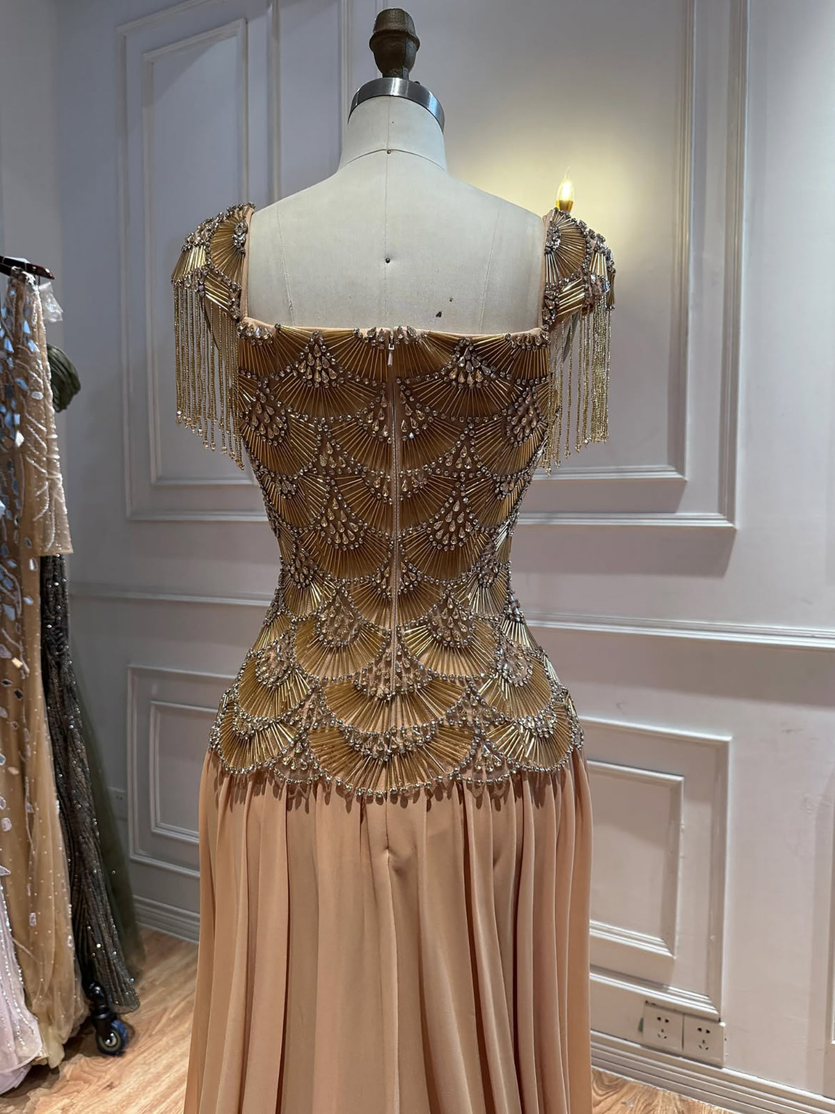 Luxury Gold Beaded Tassel Cap Sleeve A Line Evening Dress LA73790B