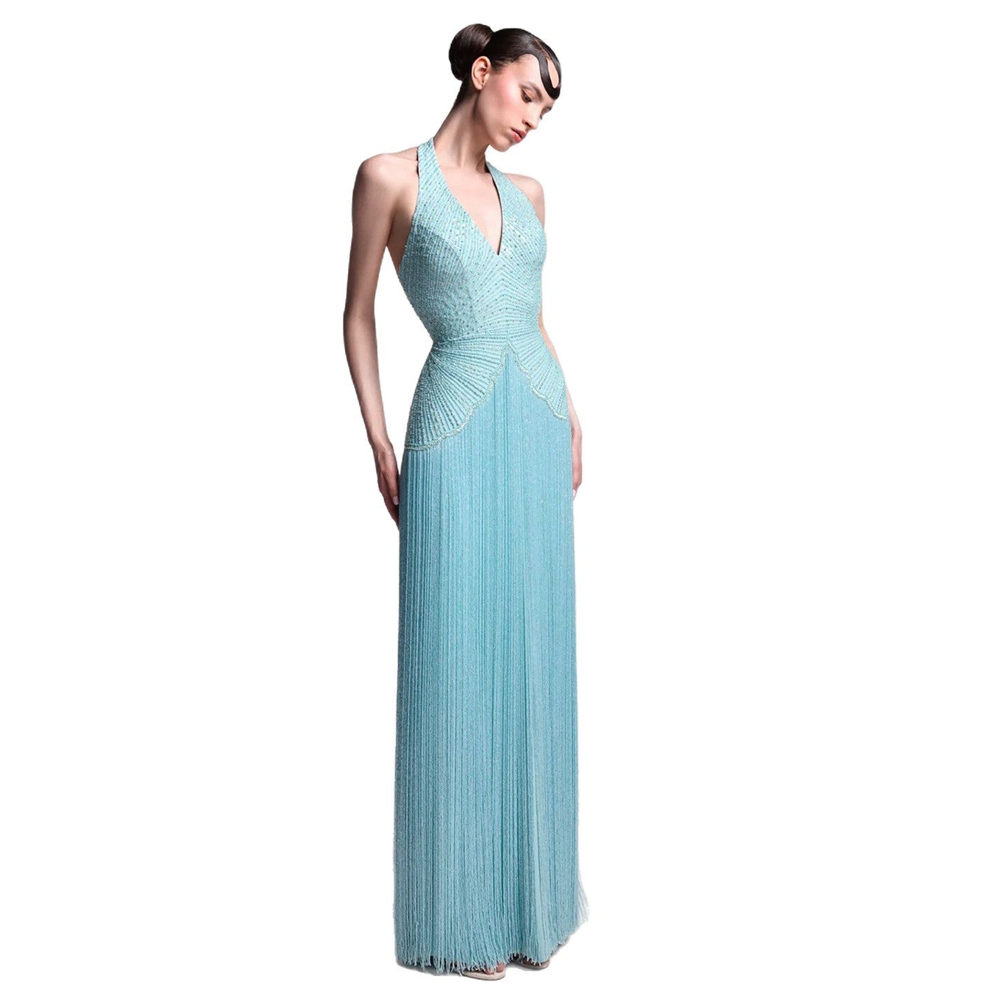 Luxury Aqua Blue Halter V-Neck Beaded Fringe Dress LA73795 SERENE HILL