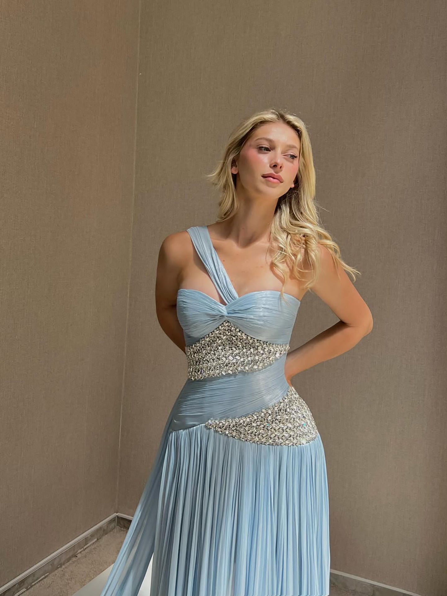 Luxury Blue One Shoulder Crystal Pleated Evening Dress LA73799 SERENE HILL