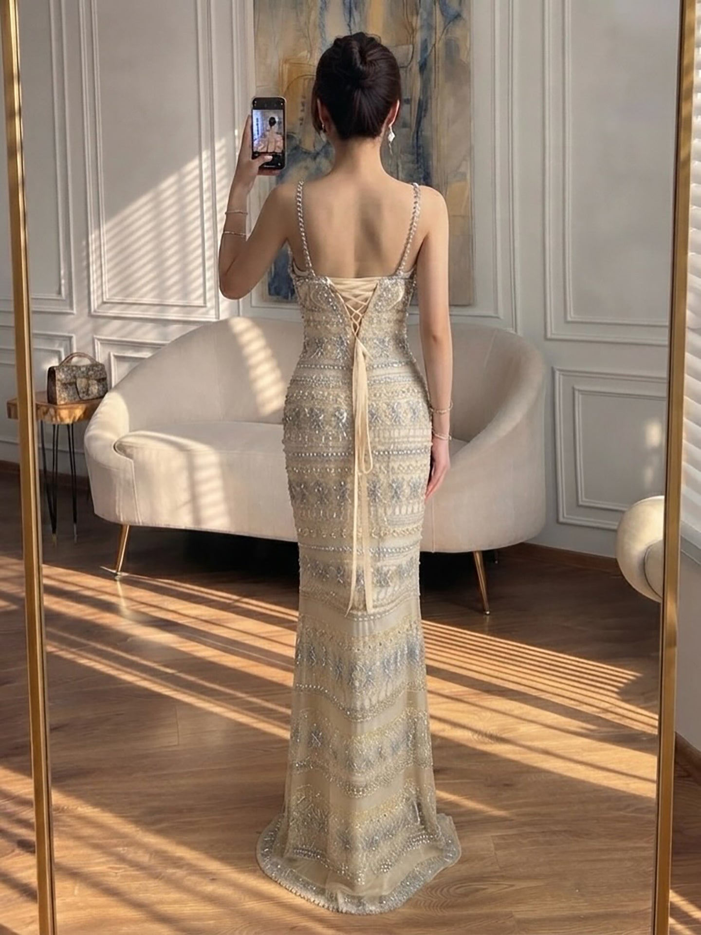 Luxury Champagne Beaded Spaghetti Straps Straight Dress LA73803 SERENE HILL