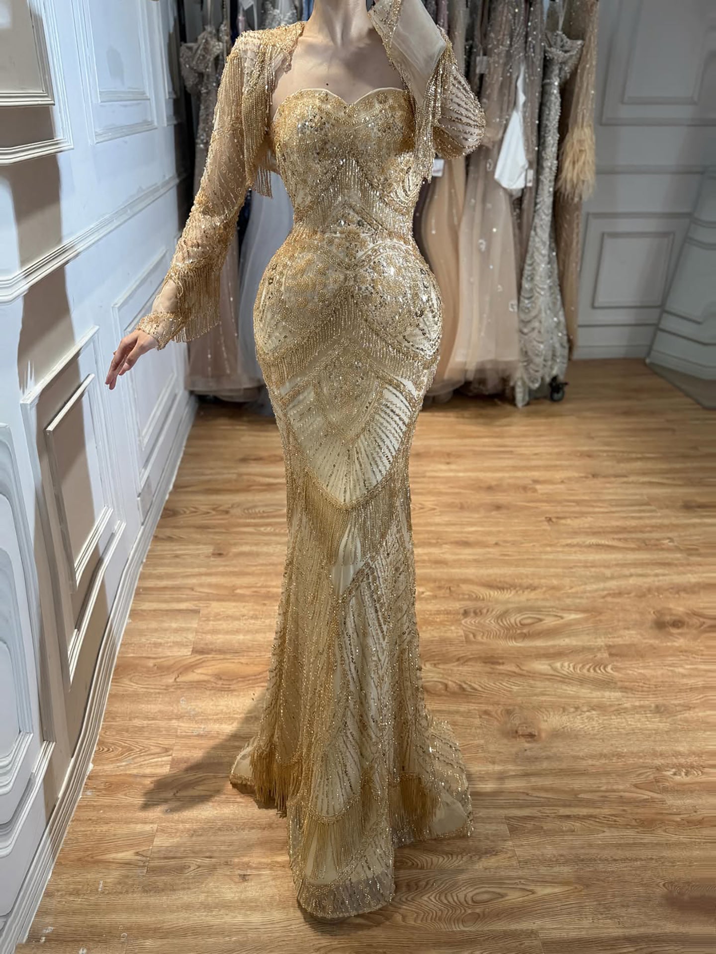 Luxury Dark Green Long Sleeve Beaded Tassel Mermaid Dress LA73804 SERENE HILL