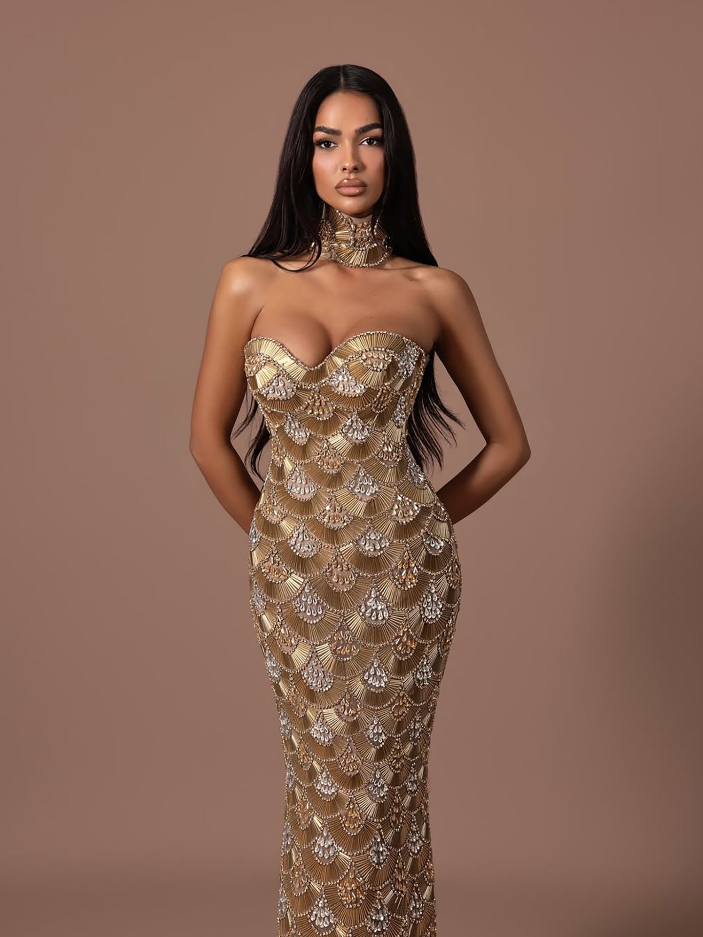 Luxury Gold Crystals Strapless Mermaid Gown with Choker LA73806 SERENE HILL