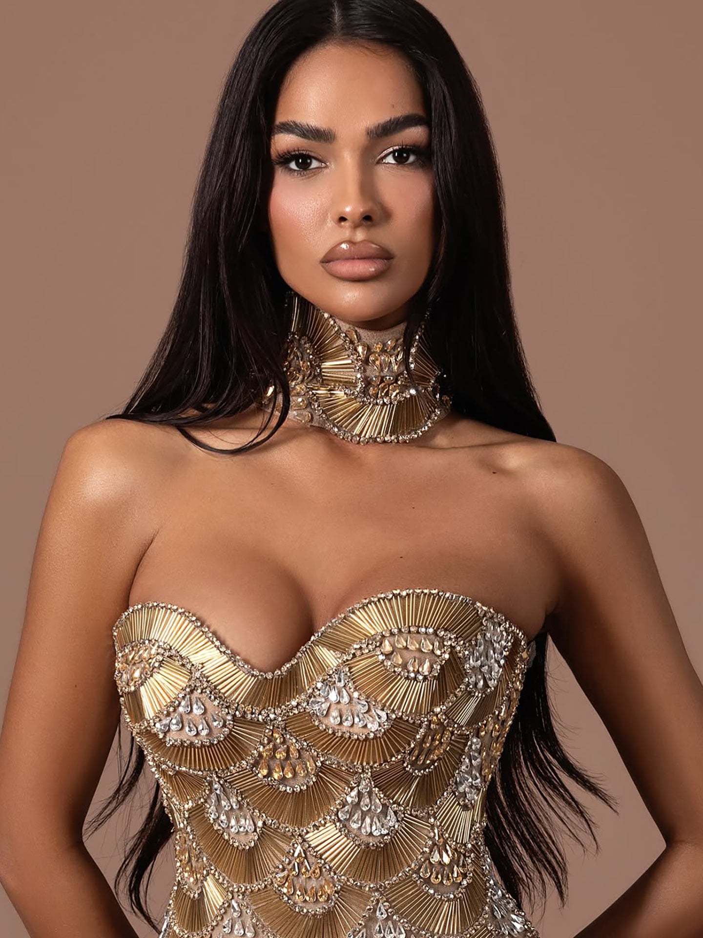 Luxury Gold Crystals Strapless Mermaid Gown with Choker LA73806 SERENE HILL