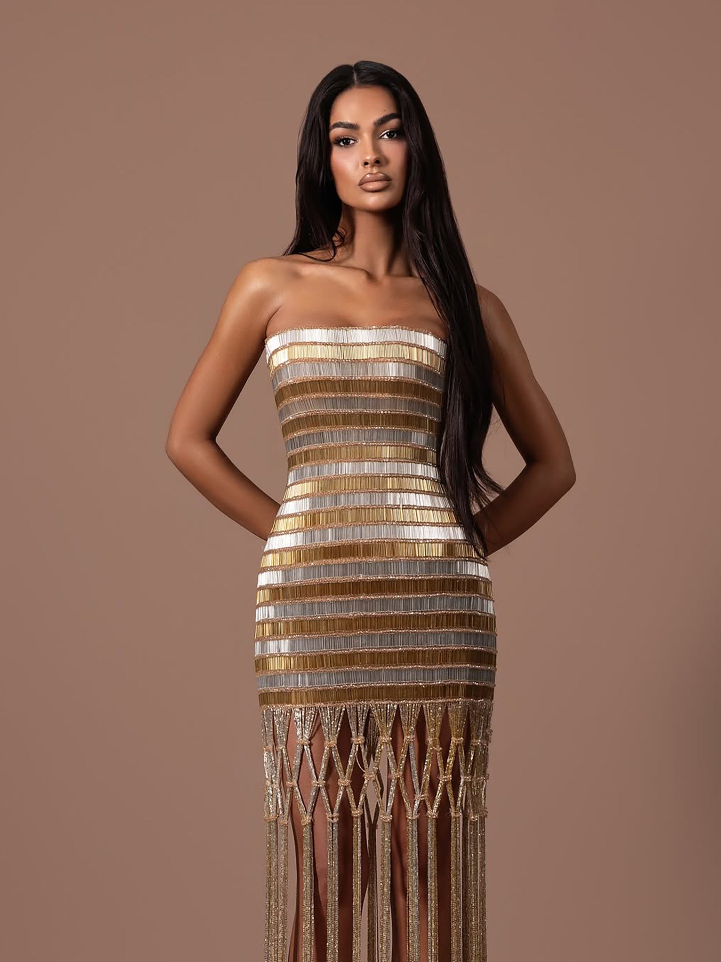 Luxury Gold Color Blocked Strapless Beaded Fringe Dress LA73807 SERENE HILL