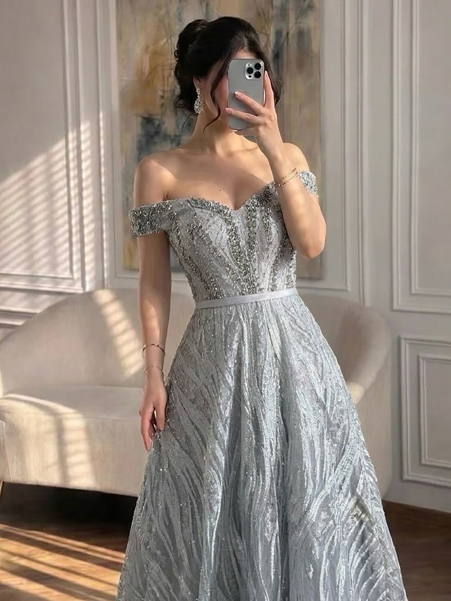 Luxury Caramel Off the Shoulder Beaded A Line Evening Dress LA73811 SERENE HILL