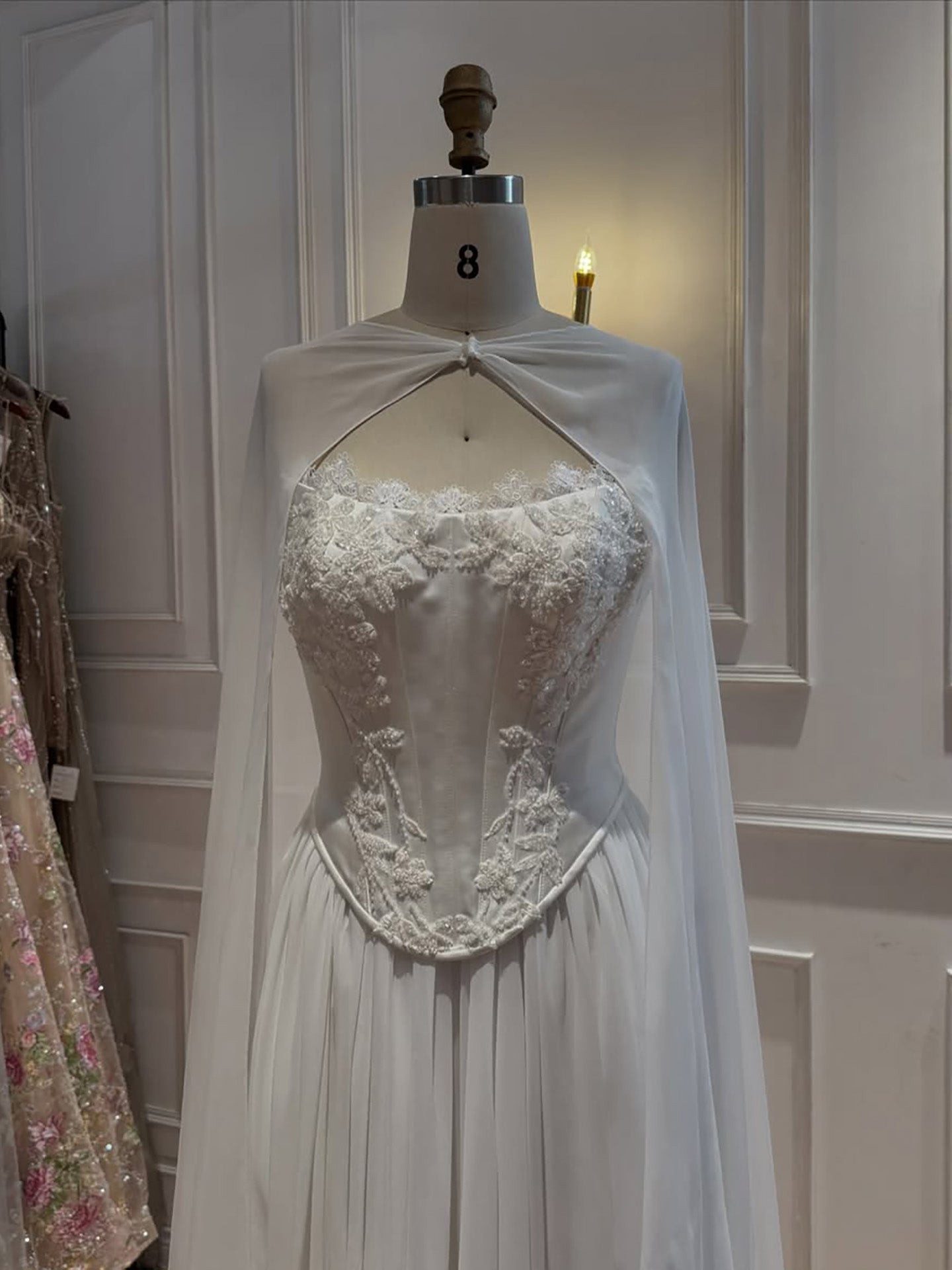 Luxury White Strapless Satin Corset Wedding Gown with Cape LA73813