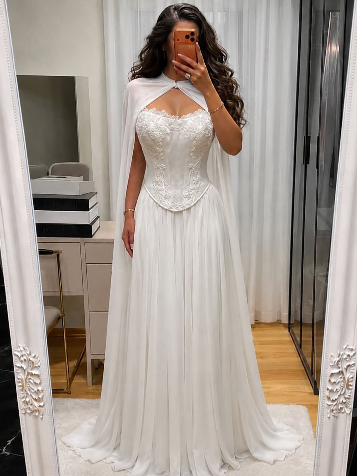 Luxury White Strapless Satin Corset Wedding Gown with Cape LA73813