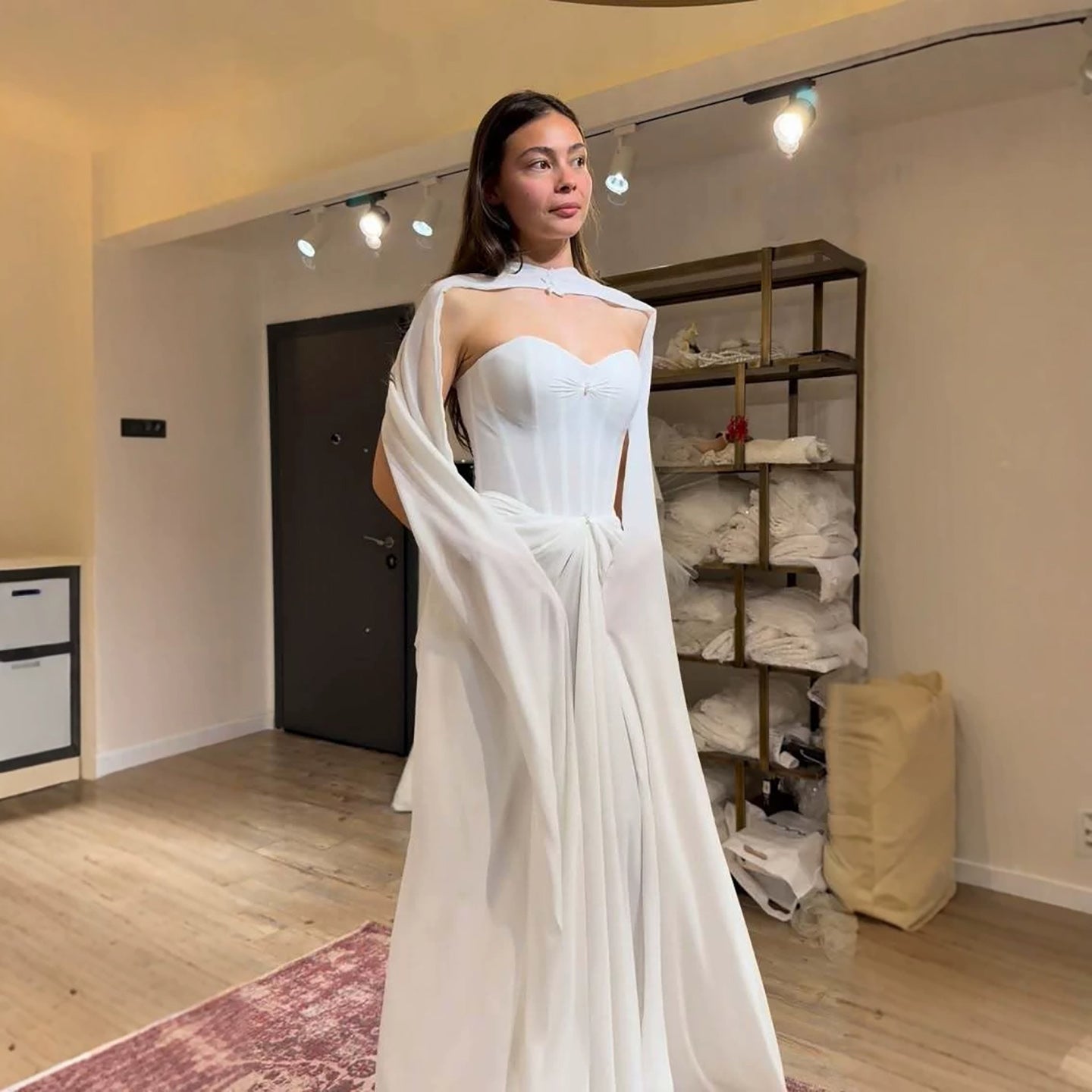 white satin dress with cape Crepe corset gown with a voluminous silk chiffon cape Color: White RASARIO Online Boutique 40 (FR) / White